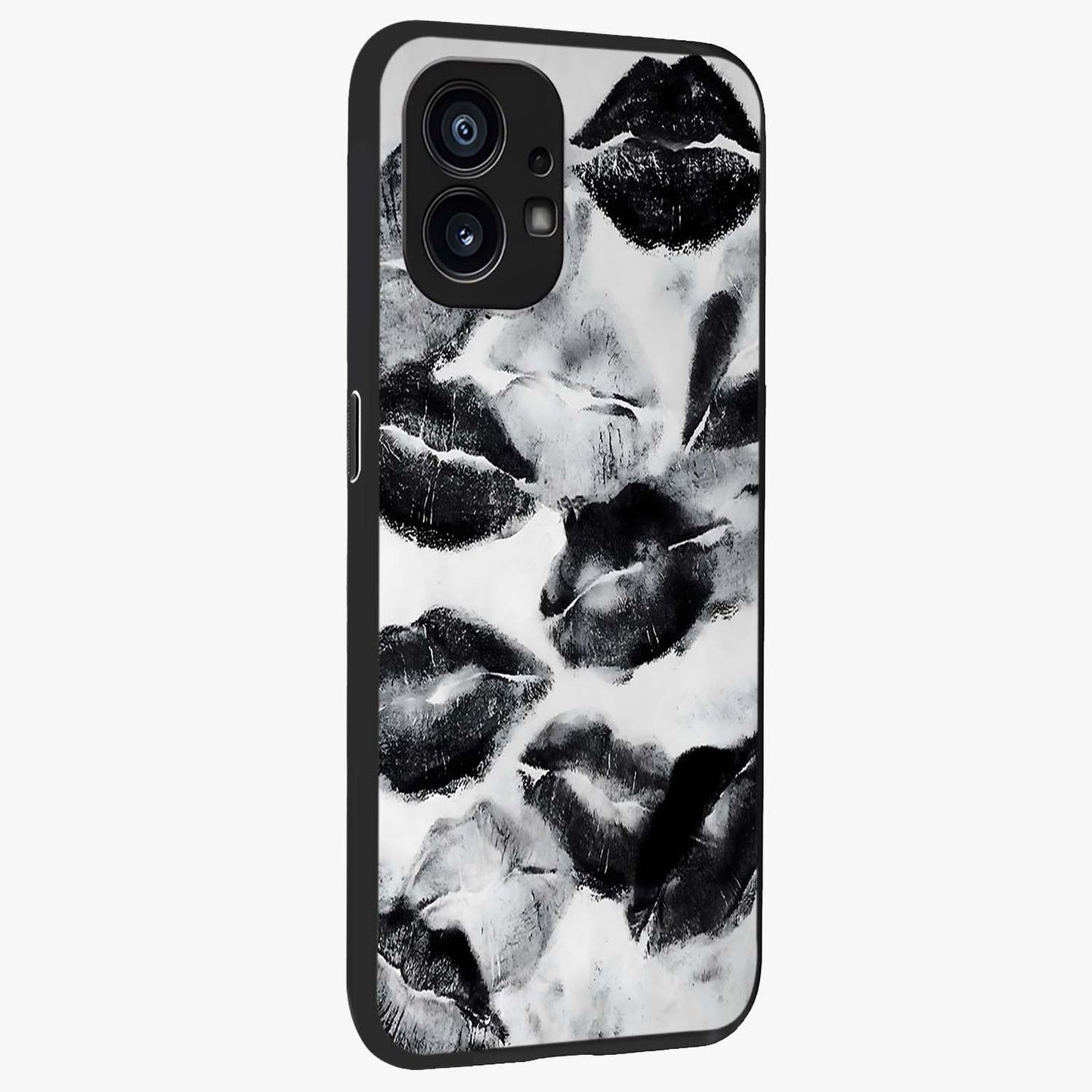 Midnight Kiss Marks Glass Case upright view showcasing stylish kiss mark artwork with trendy romantic theme.