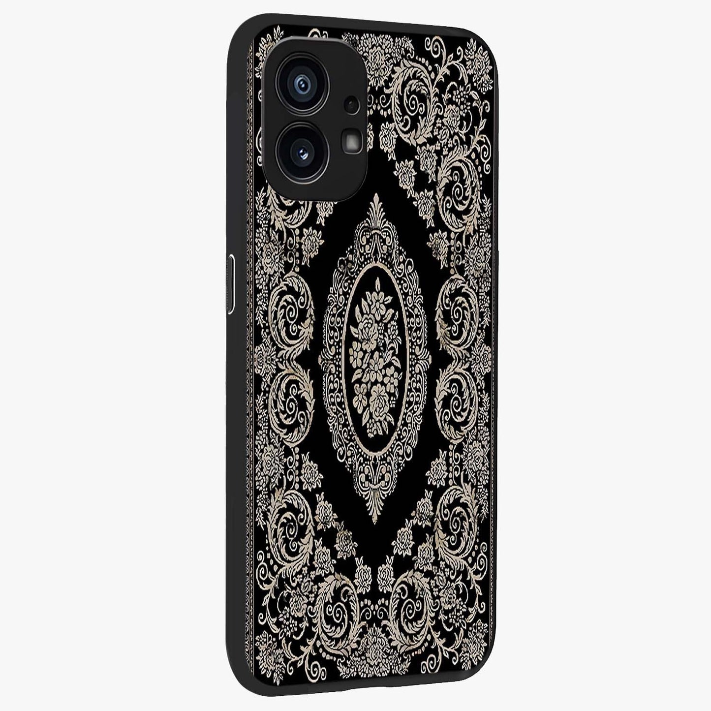 Noir Bloom Elegance Glass Case upright view showcasing graceful floral artwork with luxurious dark theme.