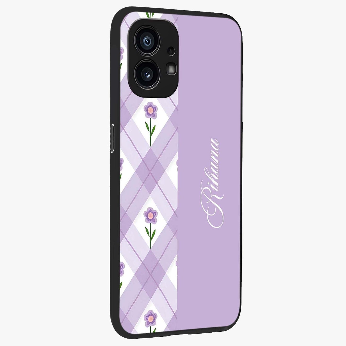 Purple Diamond Floral Glass Case upright view showcasing vibrant floral artwork with stylish geometric theme.