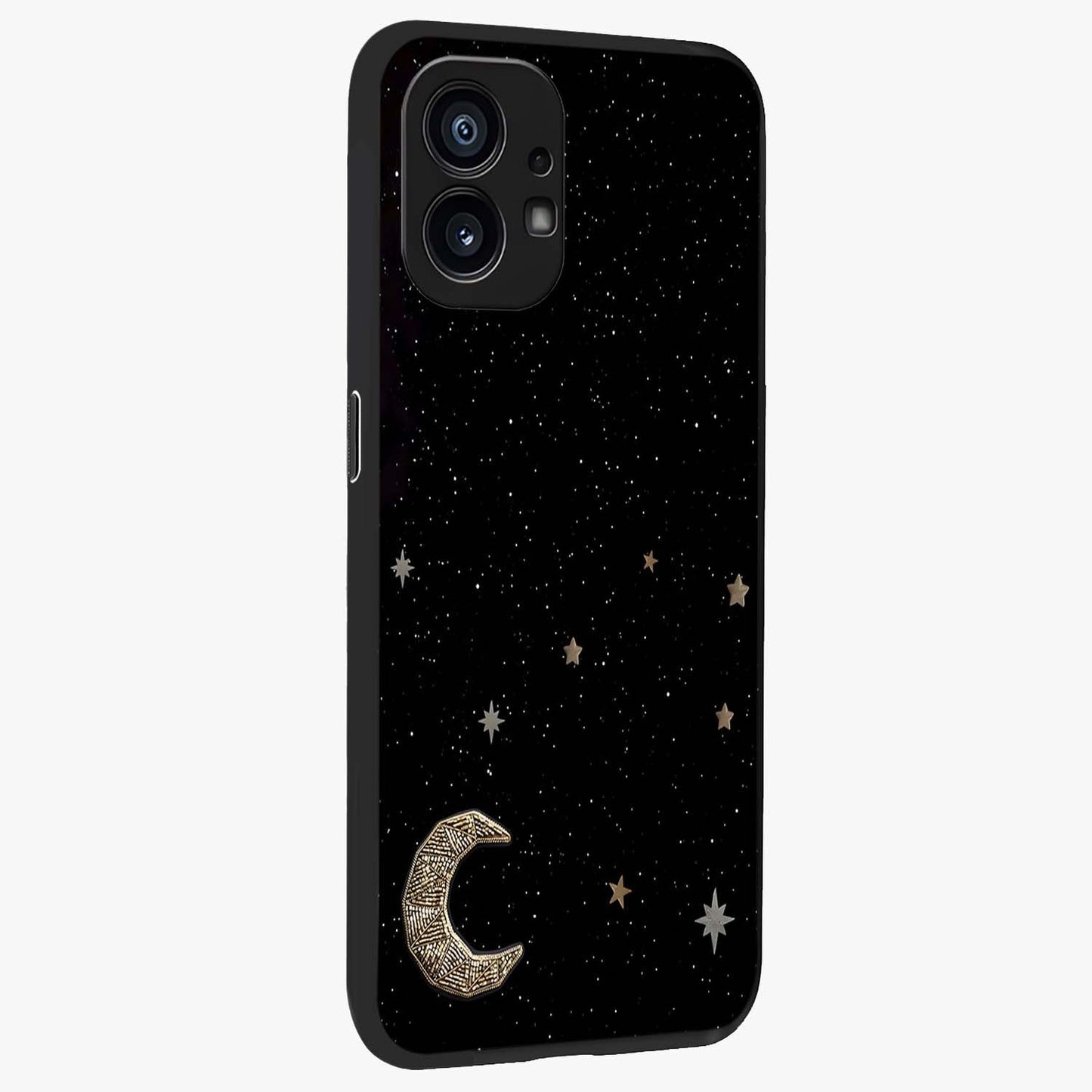 Twinkle Star With Half Moon Glass Case upright view showcasing glowing cosmic artwork with dreamy night theme.