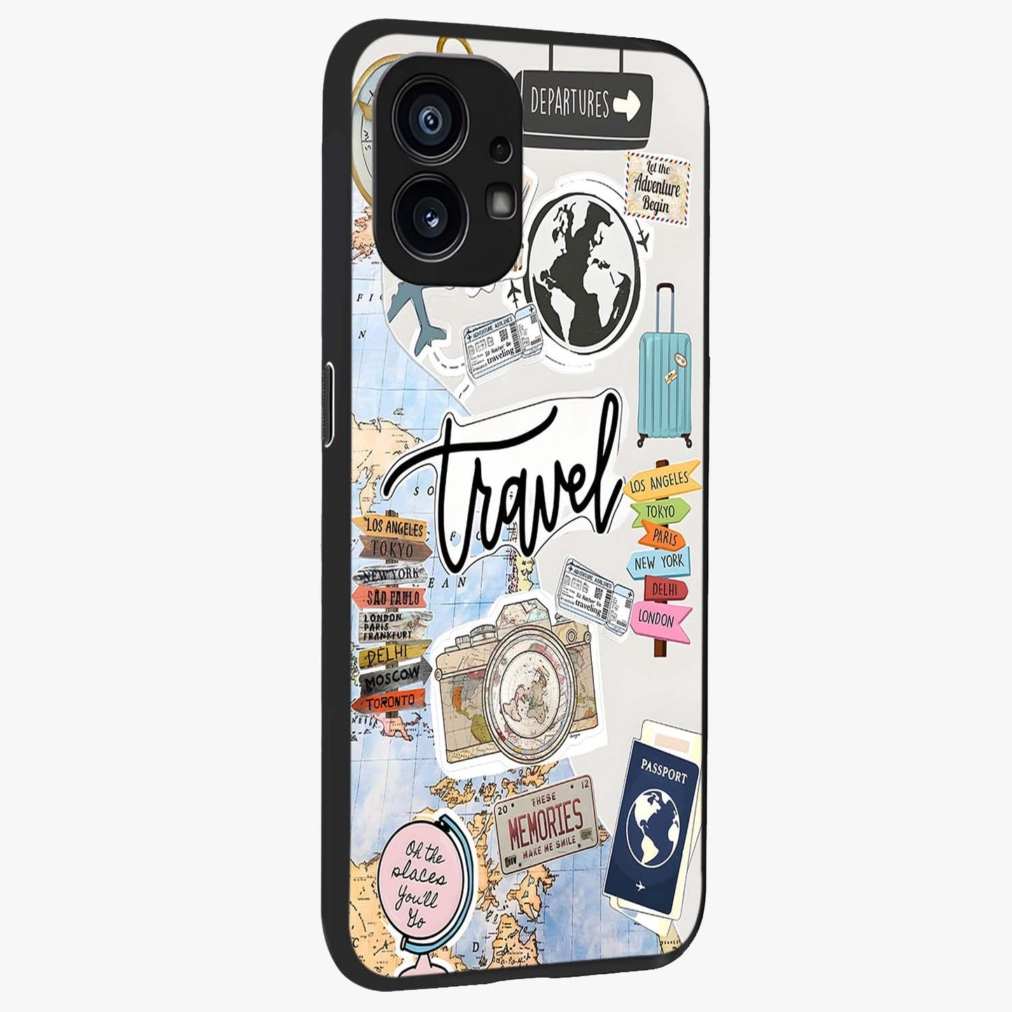 Wanderlust Journal Glass Case upright view showcasing wanderlust inspired artwork with creative exploration theme.