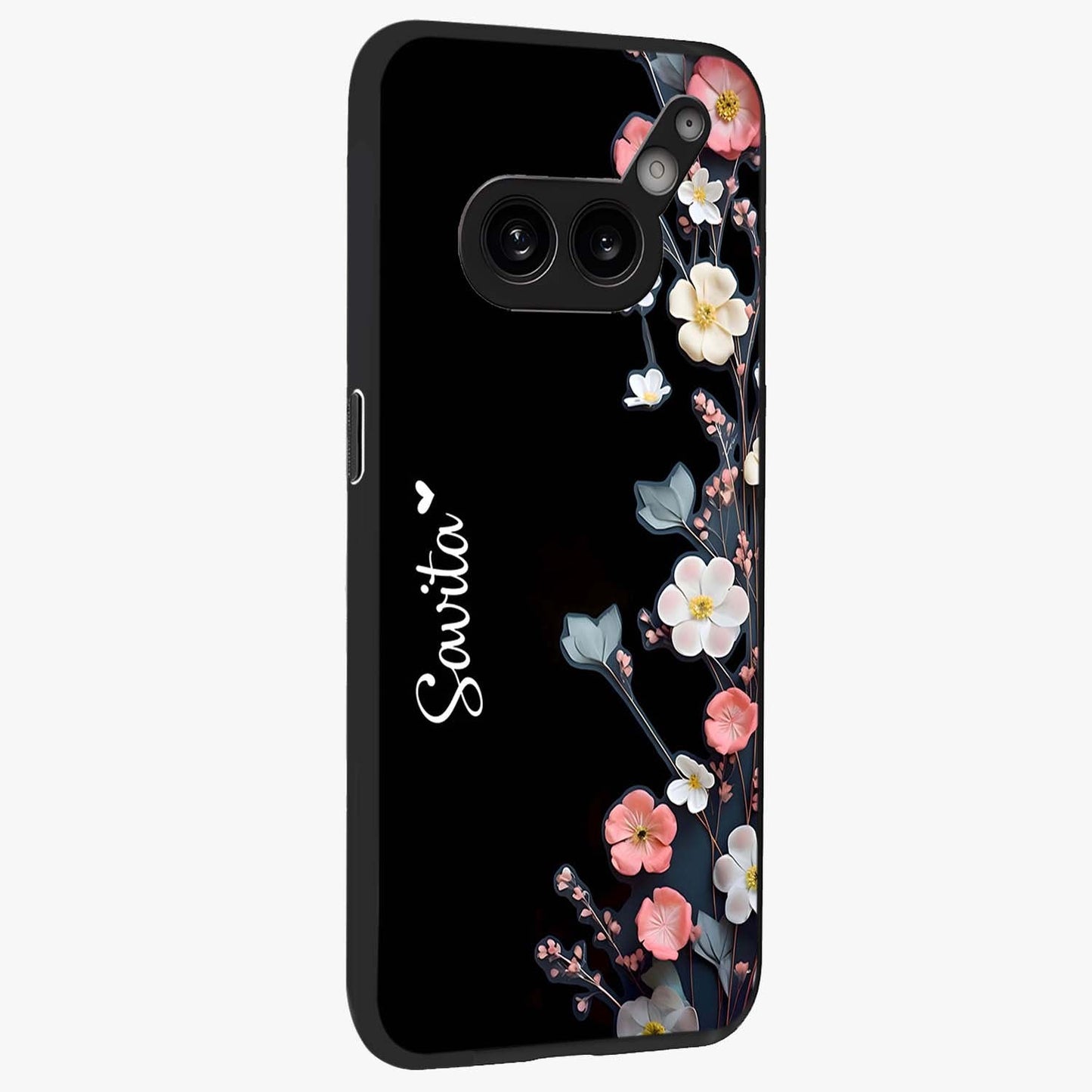 Black Elegance Floral Custom Name Glass Case upright view showcasing luxurious black floral design with personalized name detail.