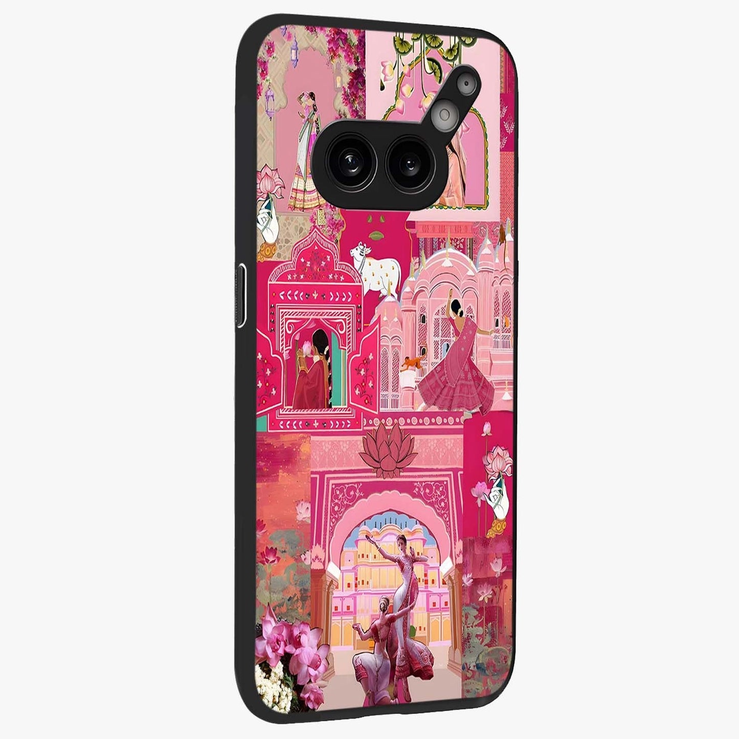 Blossoms of Rajasthan Glass Case upright view showcasing colorful floral design inspired by traditional Indian art.