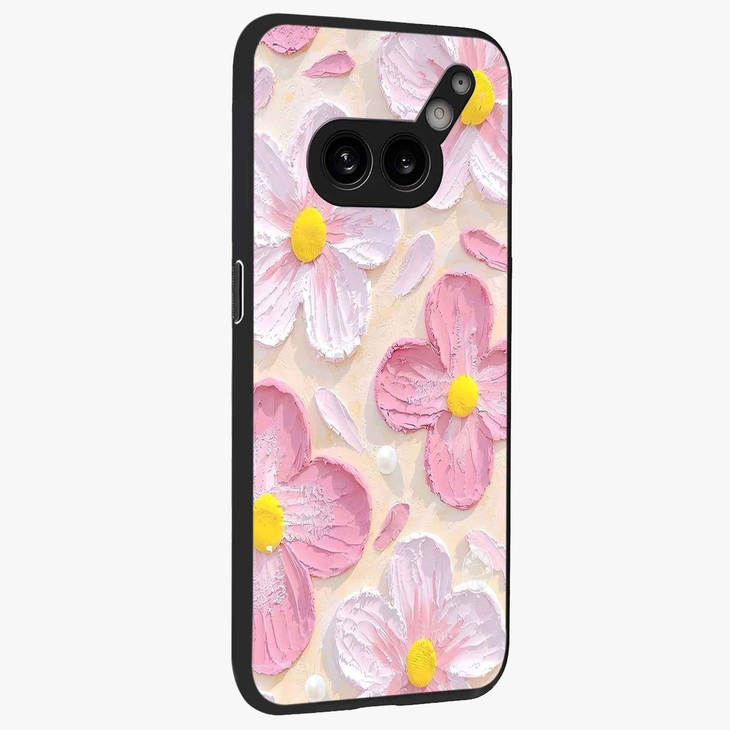 Blush Bloom Texture Glass Case upright view showcasing delicate blush floral texture with modern minimal style.