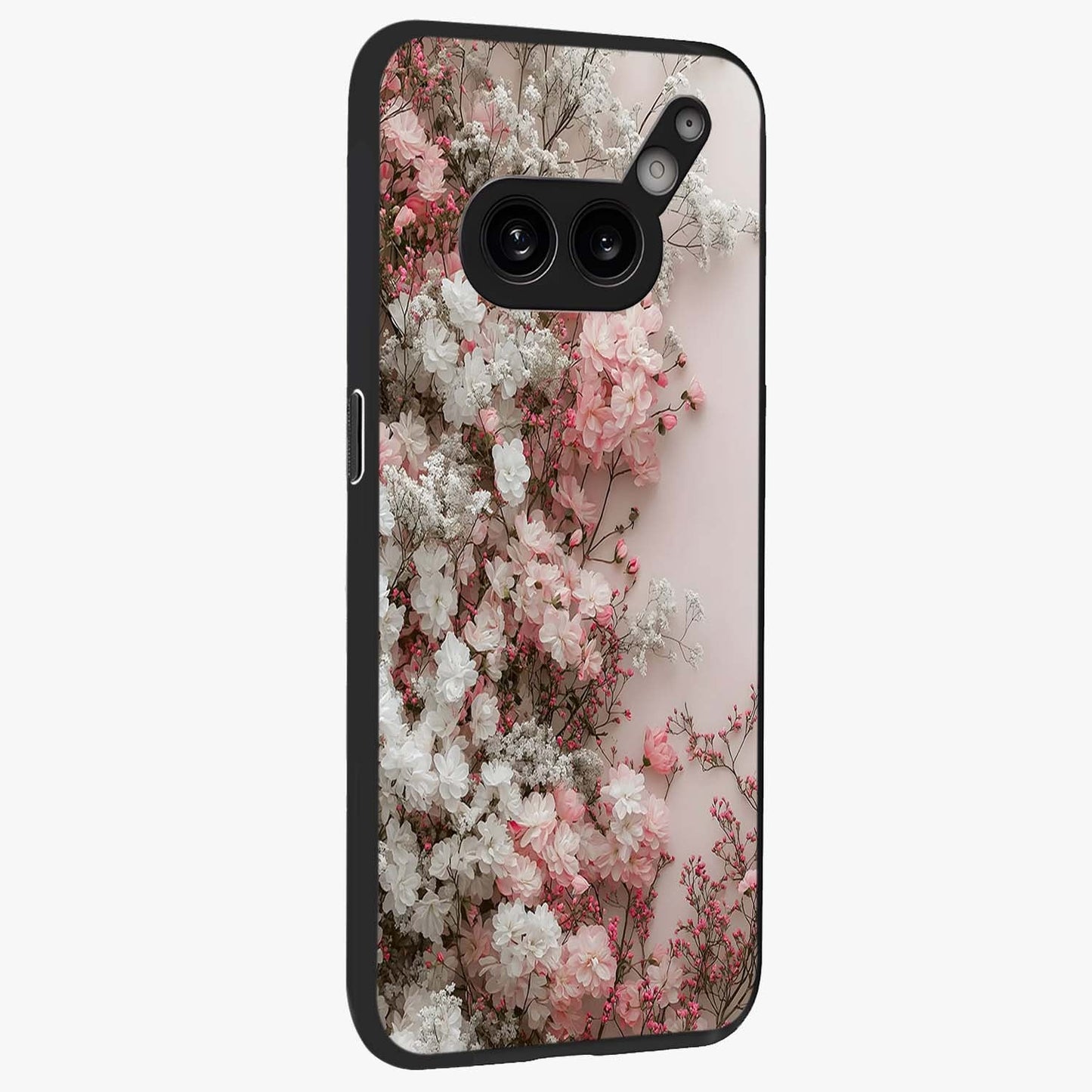 Blush Blossom Cloud Glass Case upright view showcasing calm floral cloud artwork with gentle dreamy theme.