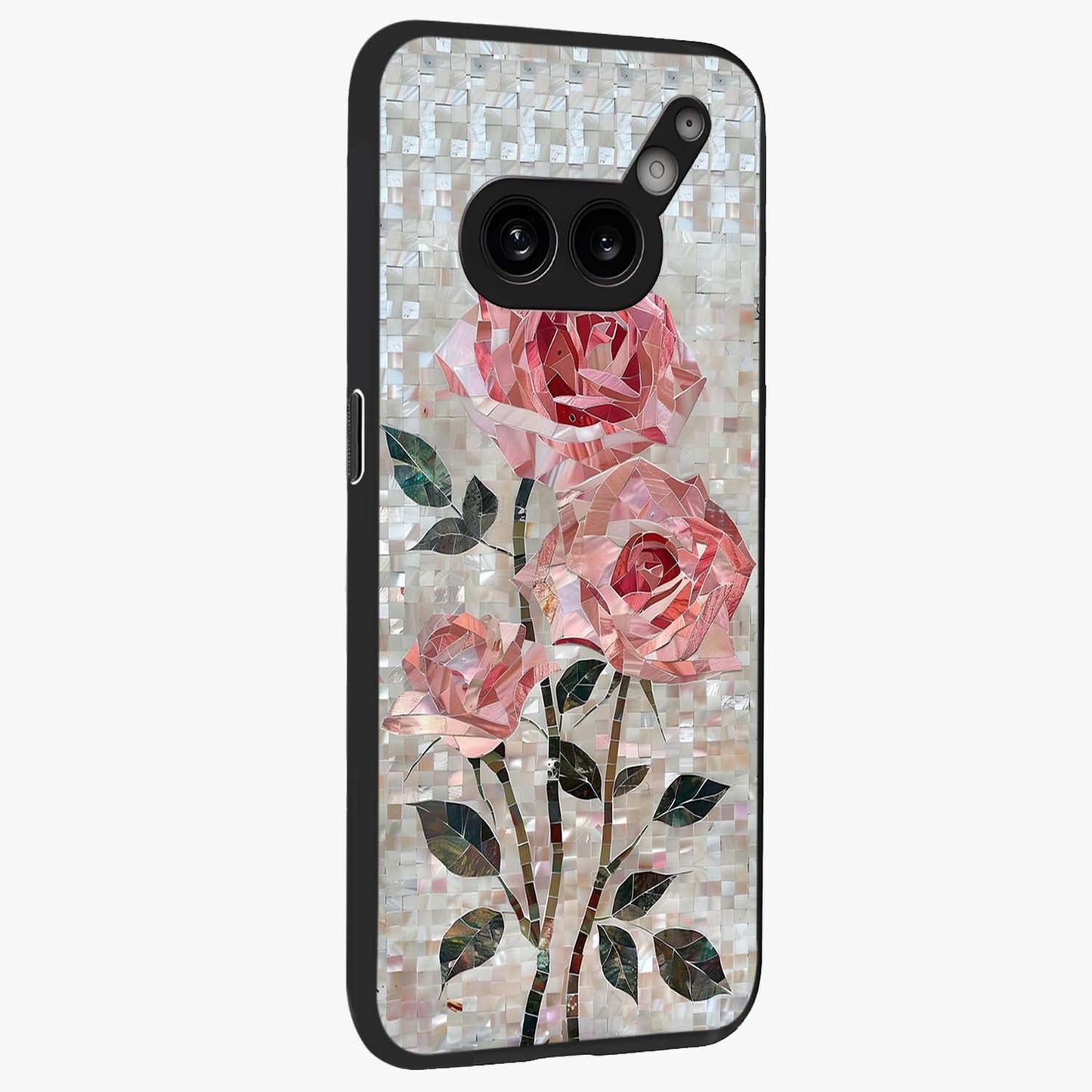 Blush Mosaic Bloom Glass Case upright view showcasing decorative floral mosaic artwork with stylish modern aesthetic.
