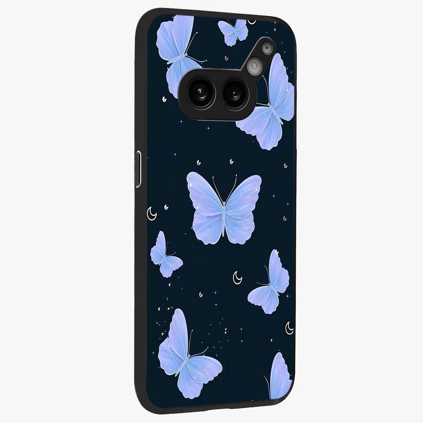 Butterfly With Stars Pattern Glass Case upright view showcasing celestial butterfly artwork with sparkling star elements.