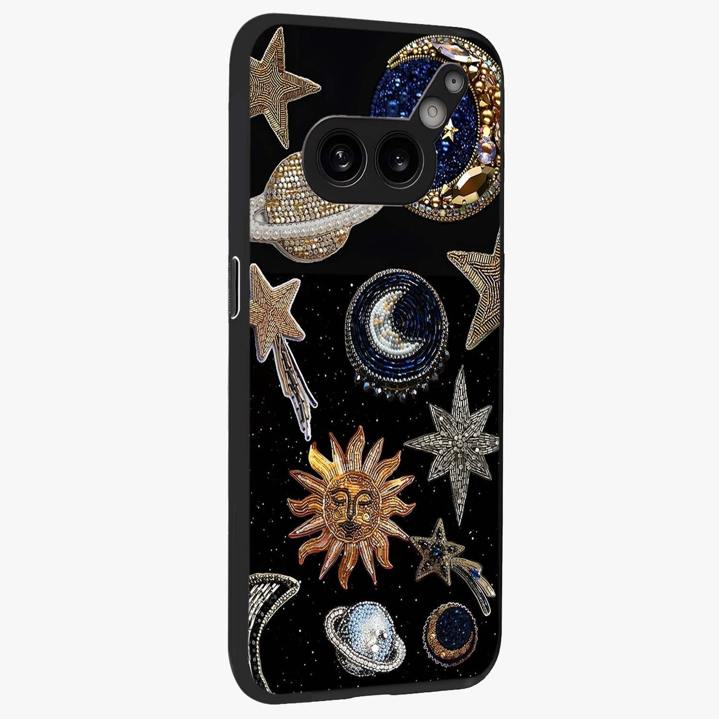 Celestial Gem Constellations Glass Case upright view showcasing cosmic constellation artwork with celestial aesthetic style.