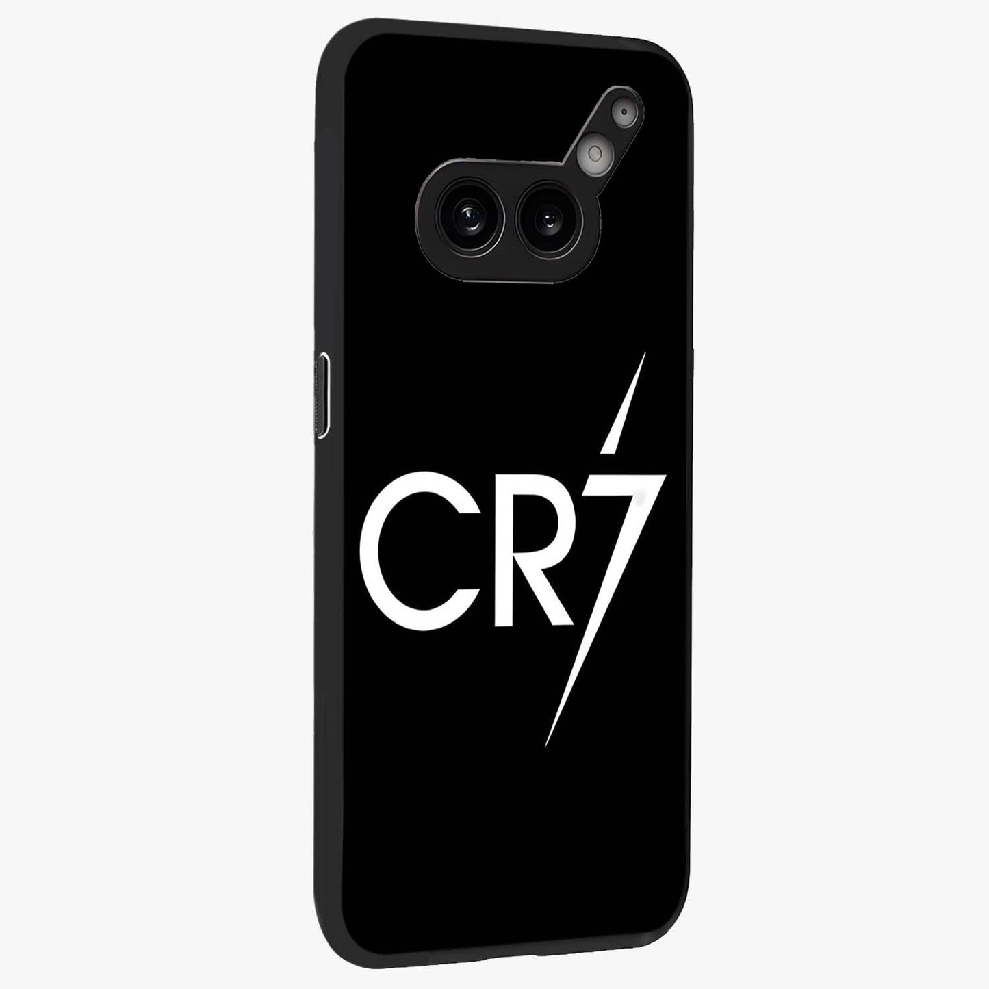 Cr7 Elite Strike Glass Case upright view showcasing energetic football inspired design with modern sports aesthetic.