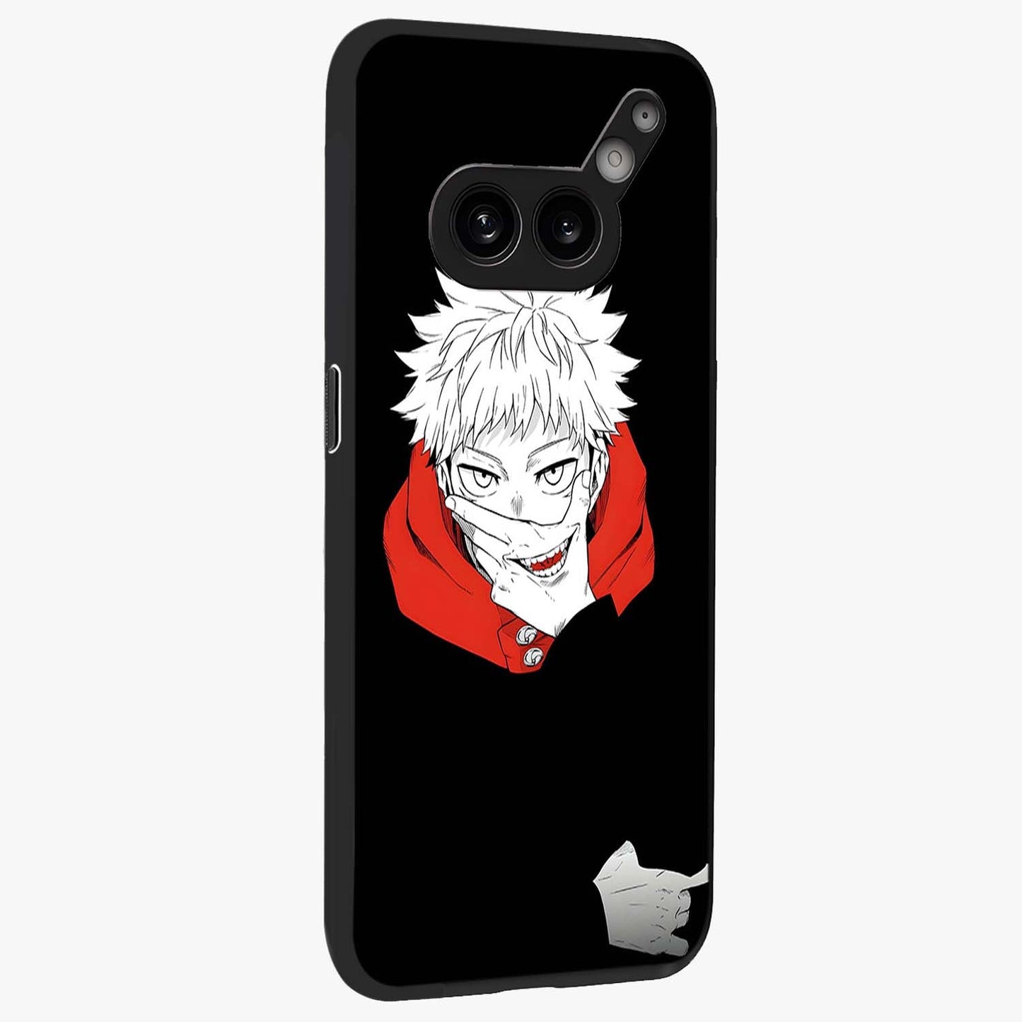 Crimson Chaos Smile Glass Case upright view showcasing expressive chaotic artwork with striking visual theme.