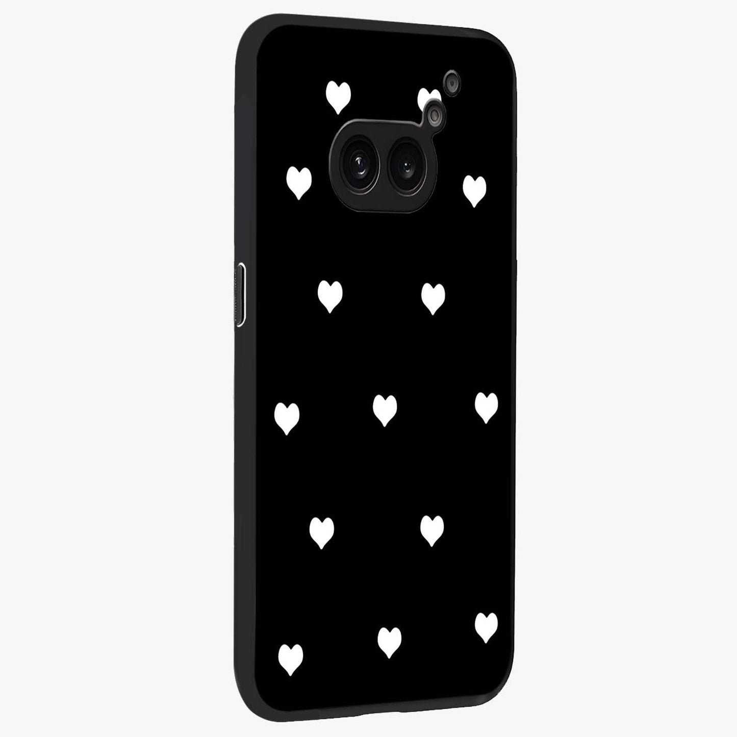 Cute And Simple White Hearts Glass Case upright view showcasing simple white hearts artwork with soft minimal theme.
