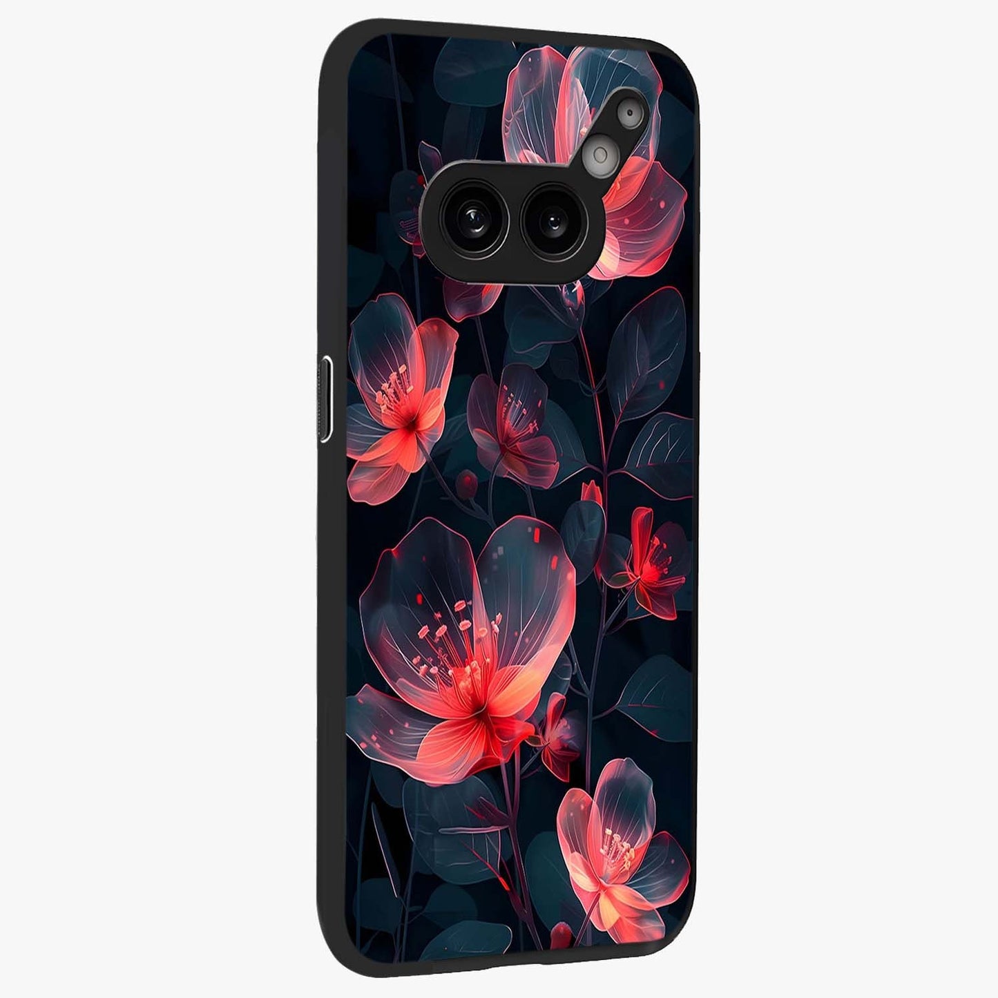 Dark Shade of Flower Glass Case upright view showcasing delicate flower artwork with rich dark floral theme.
