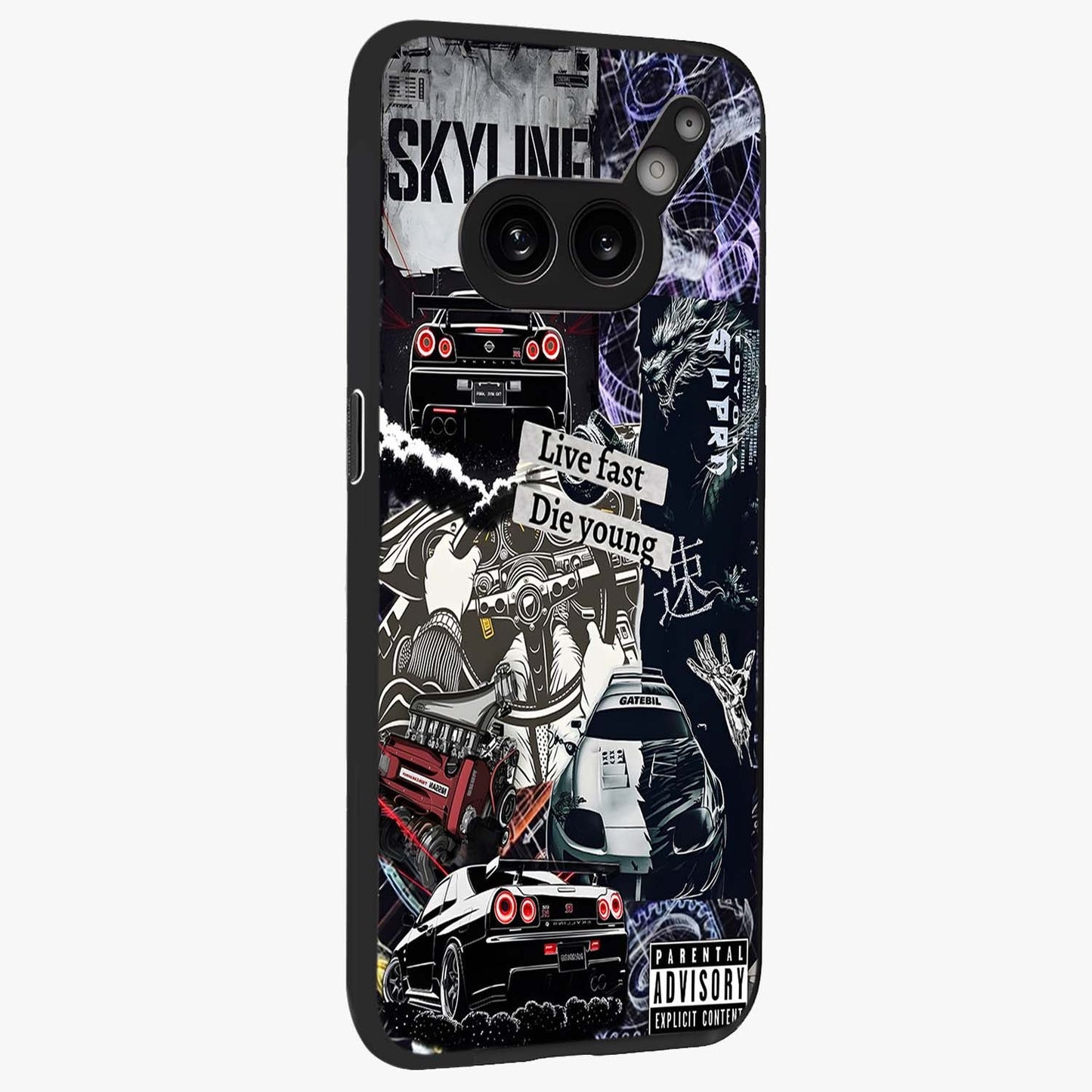 Die Young Glass Case upright view showcasing striking typography artwork with modern statement theme.