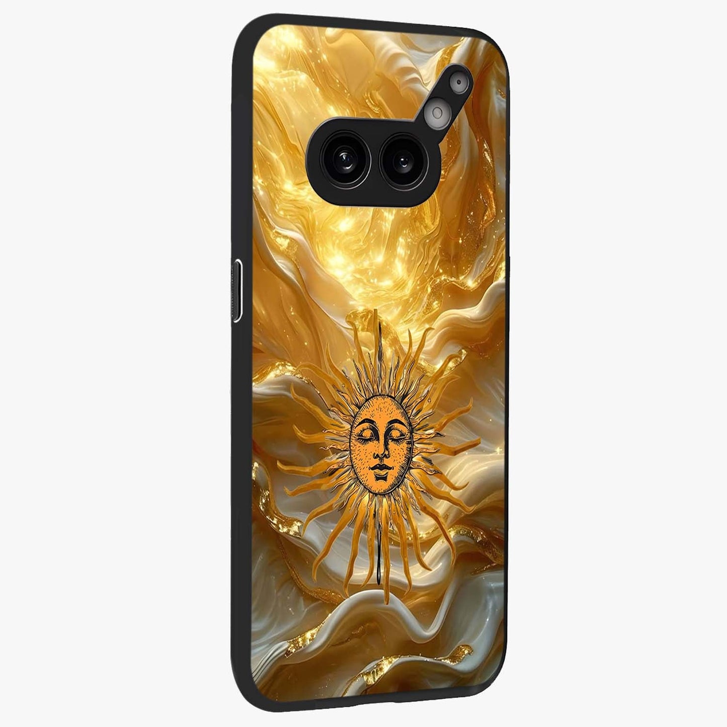 Eternal Golden Glow Glass Case upright view showcasing luminous golden artwork with luxurious visual theme.