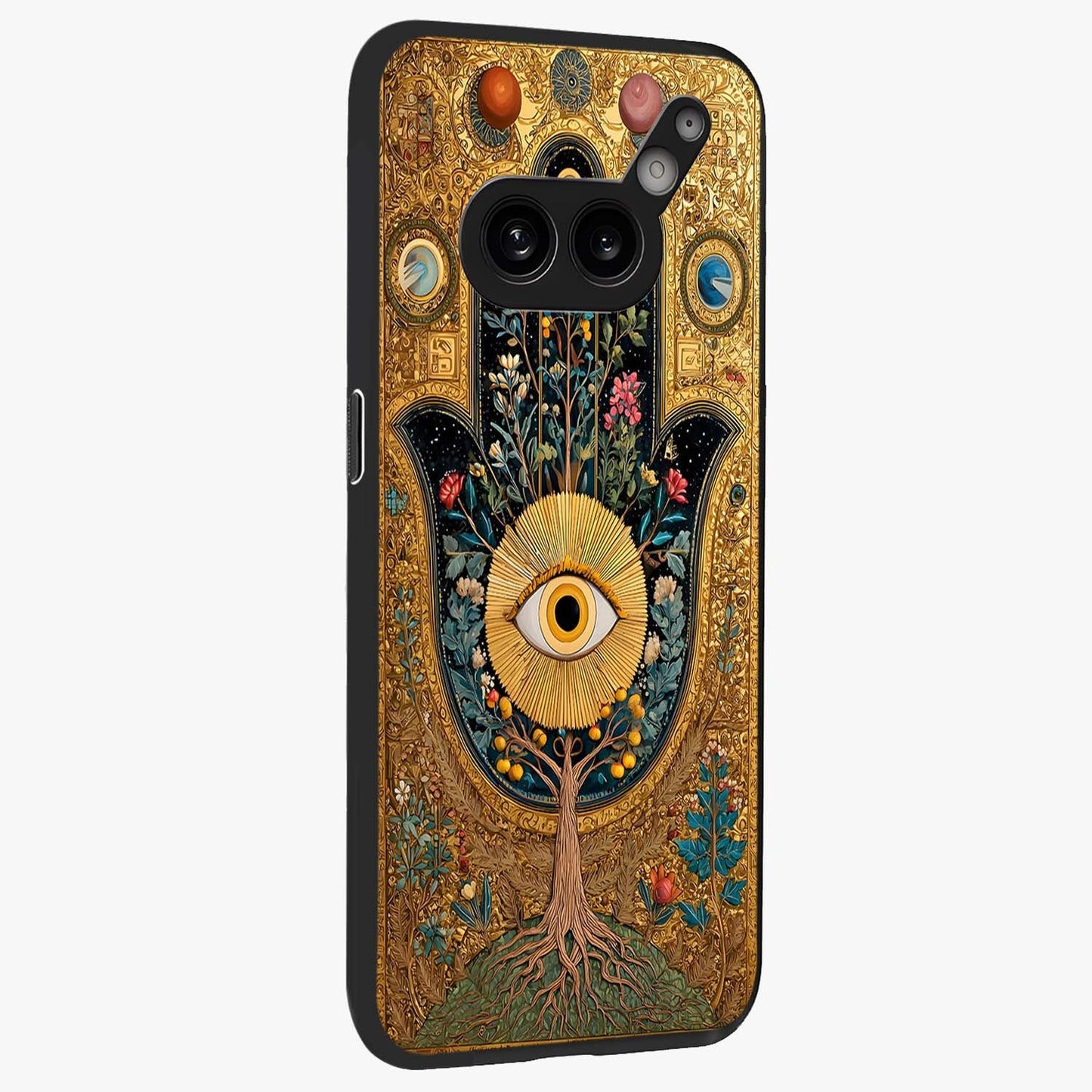 Ethereal Evil Eye Glass Case upright view showcasing celestial evil eye artwork with mystical theme.