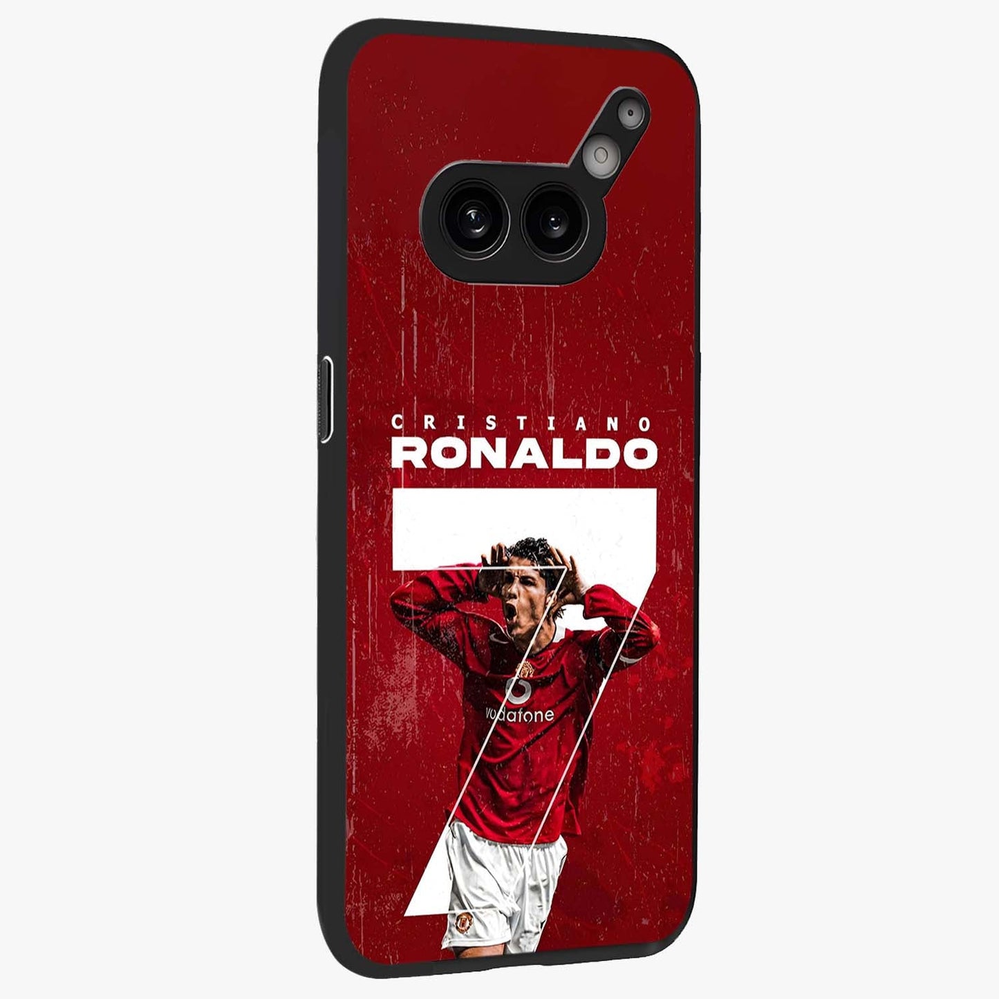 Goal Celebration Legacy Glass Case upright view showcasing dynamic football inspired artwork with victory celebration aesthetic.