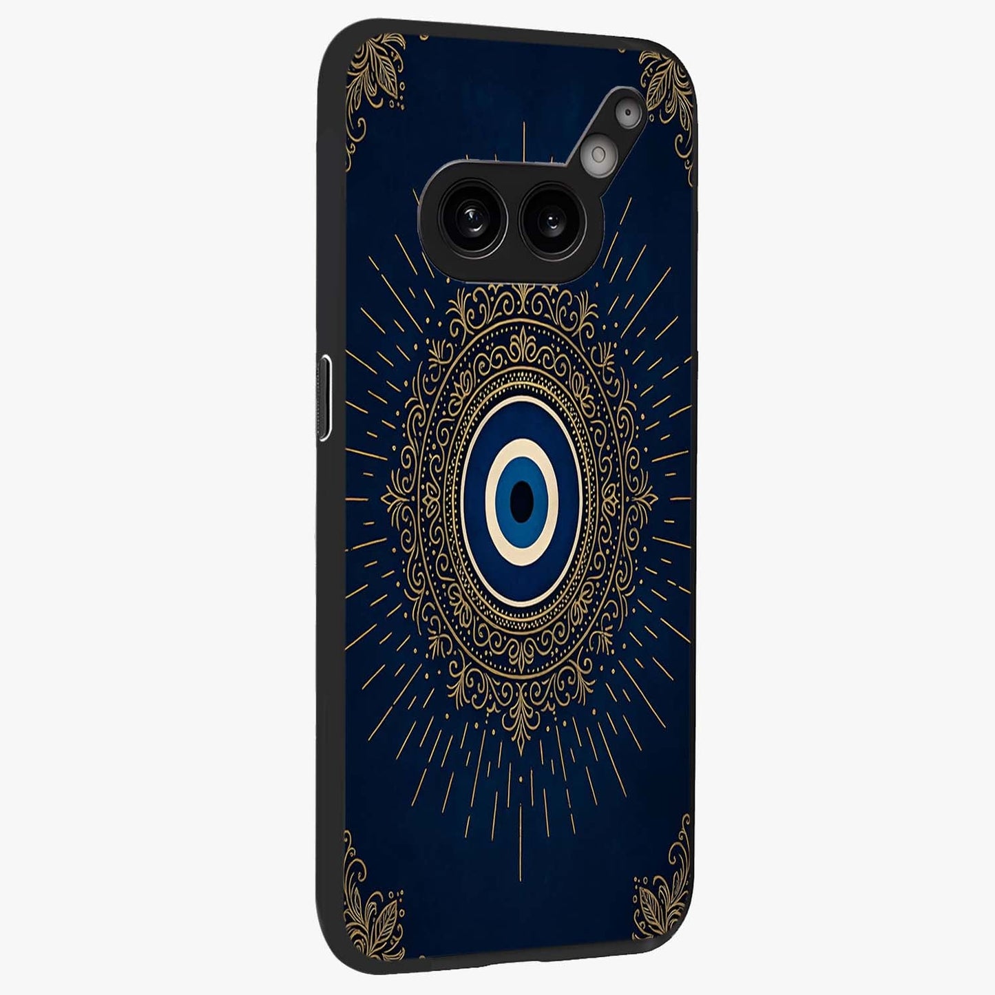 Golden Celestial Charm Glass Case upright view showcasing radiant celestial artwork with elegant golden theme.