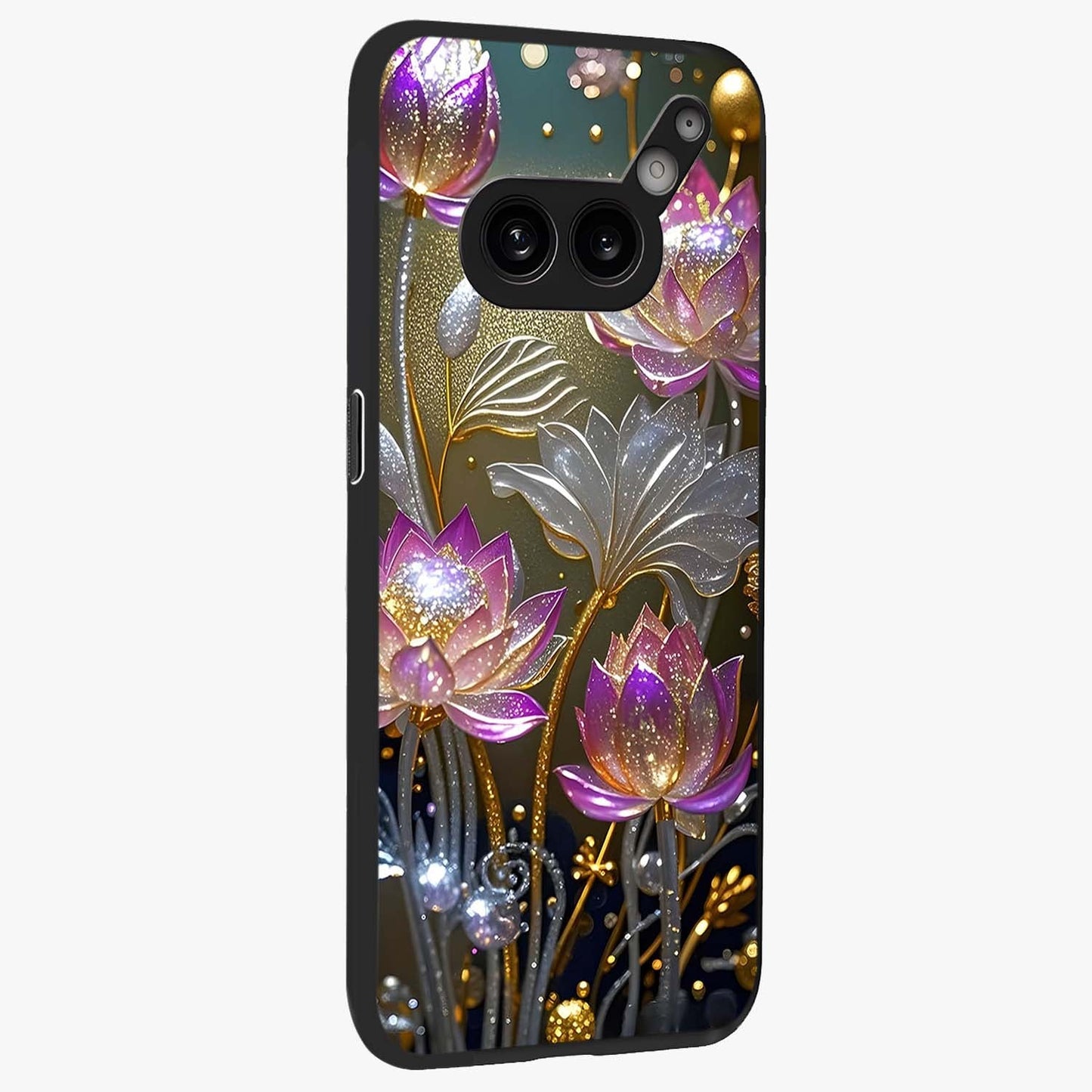 Golden Floral Majesty Glass Case upright view showcasing majestic floral artwork with rich decorative theme.