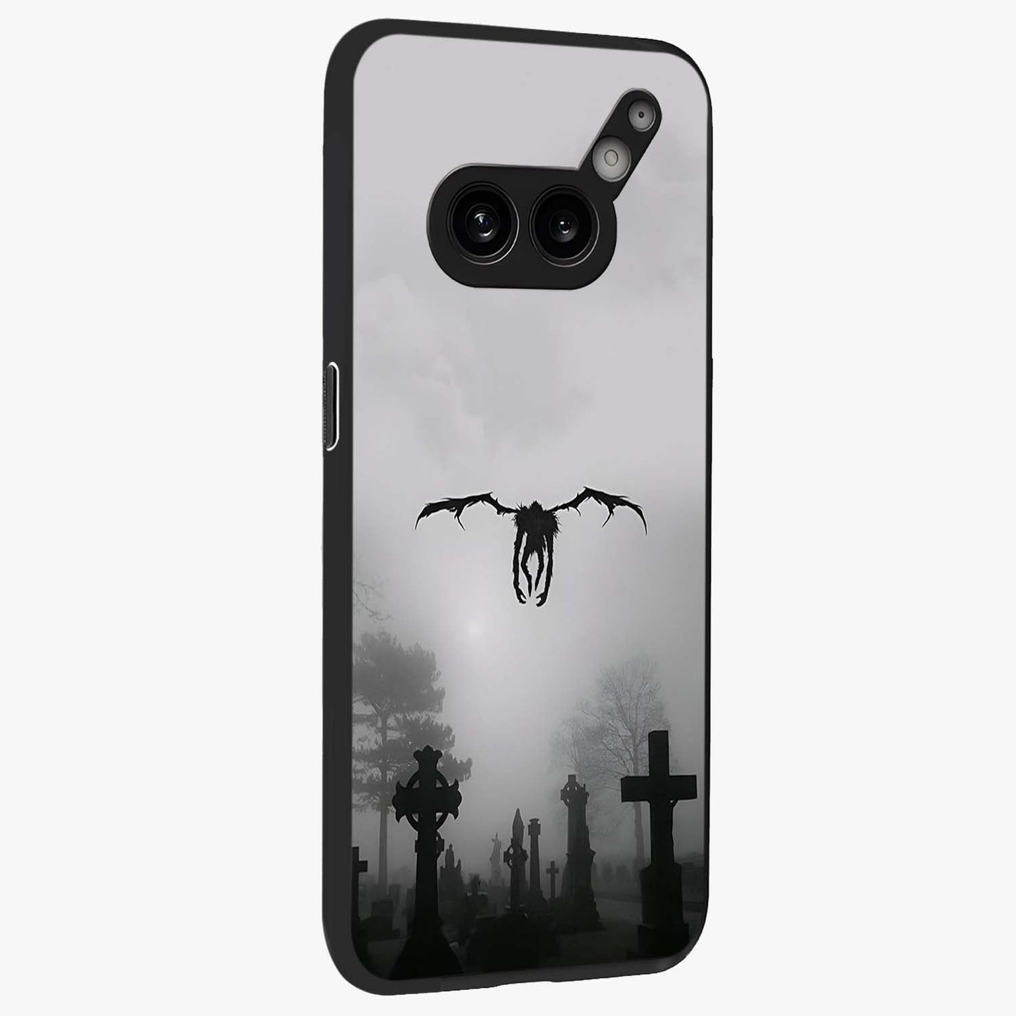 Graveyard Shadow Descent Glass Case upright view showcasing haunting graveyard artwork with dramatic dark theme.
