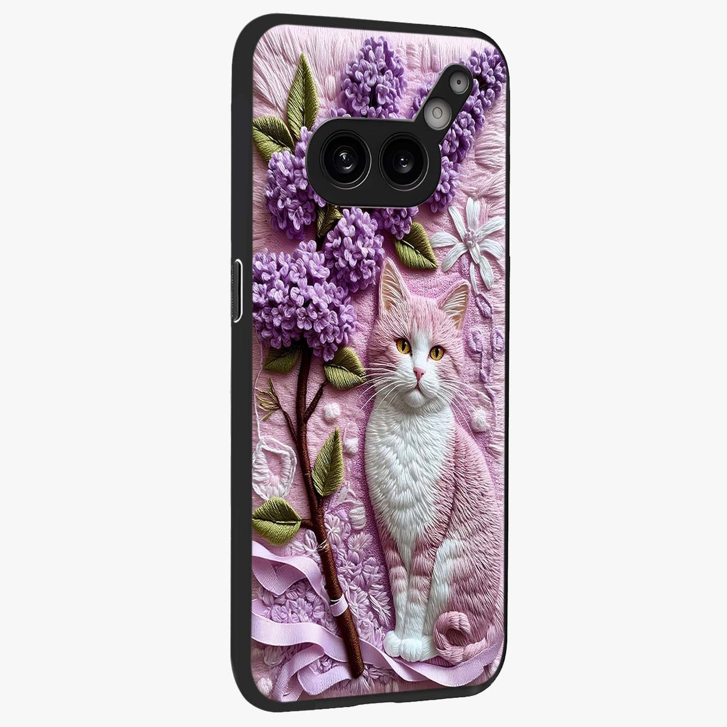 Lavender Cat Whimsy Glass Case upright view showcasing charming cat artwork with whimsical lavender theme.