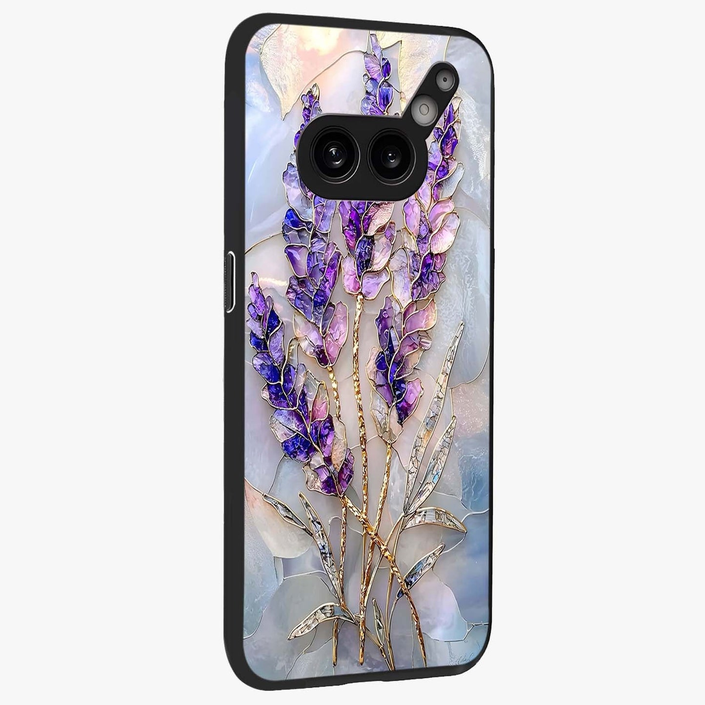 Lavender Dream Glow Glass Case upright view showcasing radiant lavender glow artwork with calming dreamy theme.