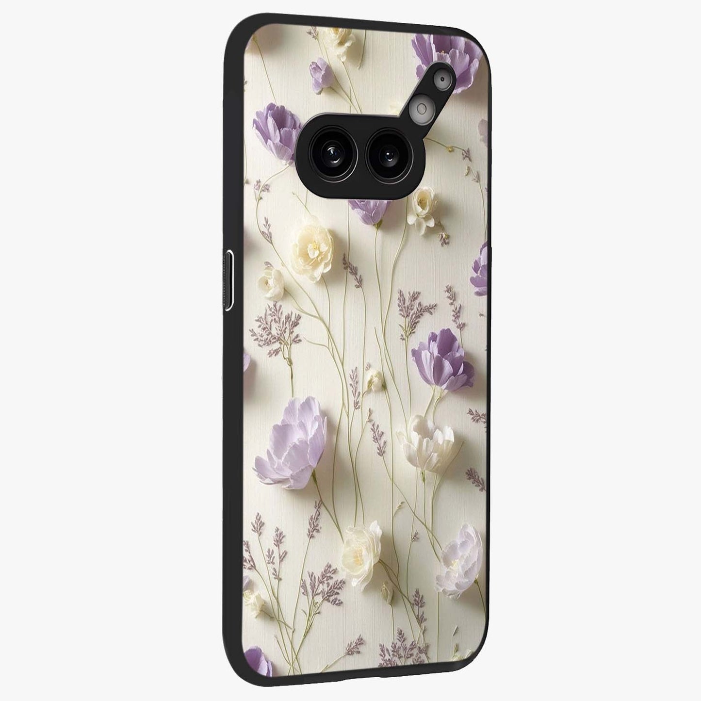Lilac Breeze Harmony Glass Case upright view showcasing delicate lilac artwork with peaceful floral theme.