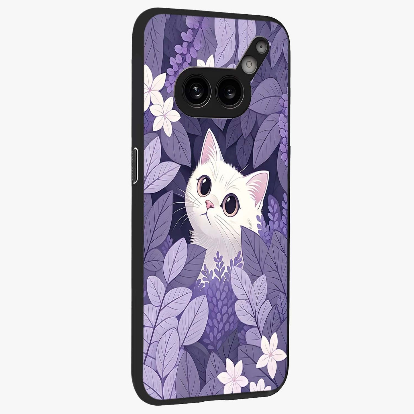 Lilac Hide Peek Cat Glass Case upright view showcasing charming cat artwork with adorable peek theme.