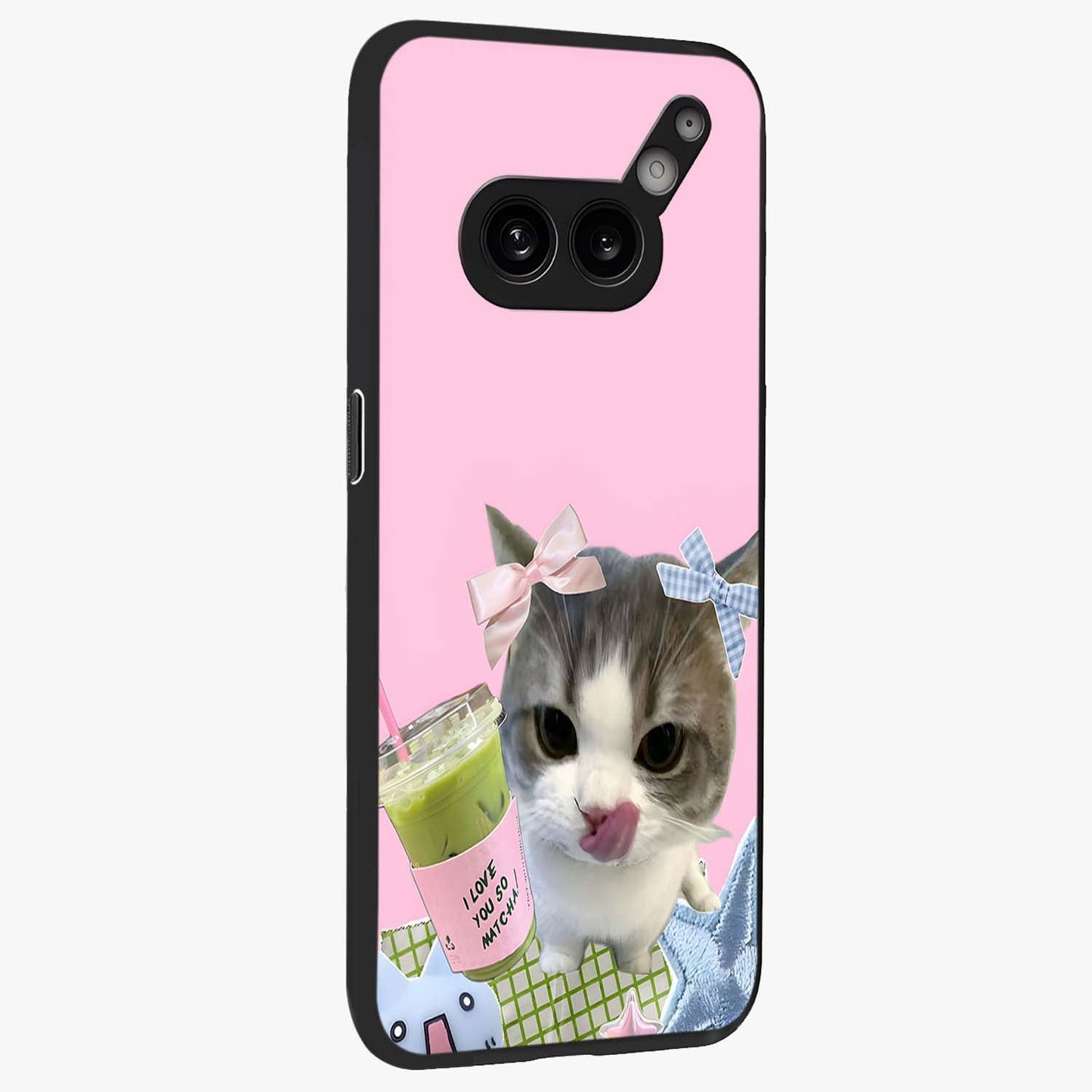 Love Matcha Cat Glass Case upright view showcasing adorable cat artwork with charming matcha themed design.