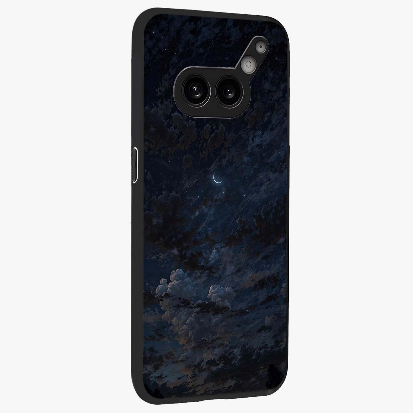 Lunar Veil Silence Glass Case upright view showcasing calm moon themed artwork with serene night atmosphere.