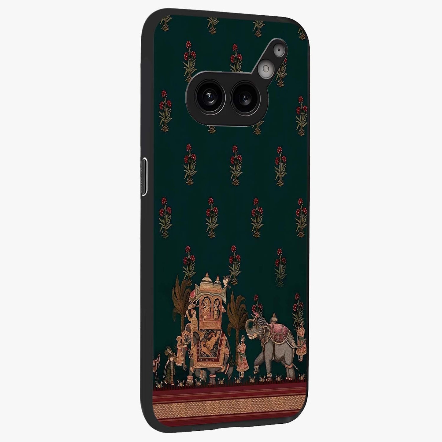 Macmerise Glass Case upright view showcasing bold artistic artwork with contemporary design theme.