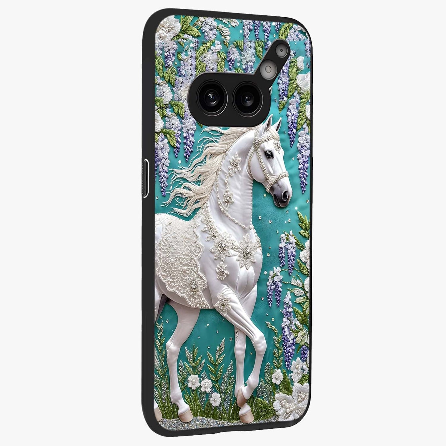 Majestic Floral Stallion Glass Case upright view showcasing dramatic horse artwork with decorative floral theme.