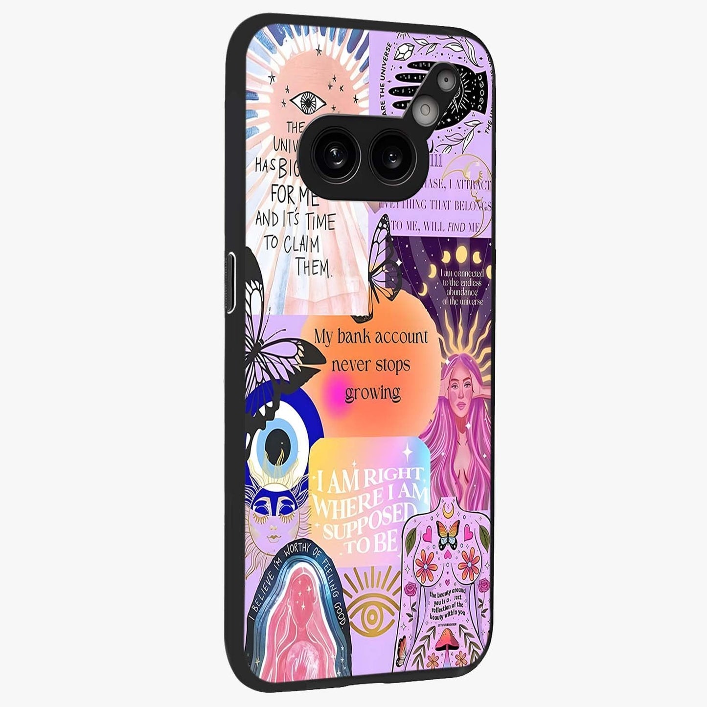 Manifestation Collage Glass Case upright view showcasing artistic manifestation themed artwork with creative style.