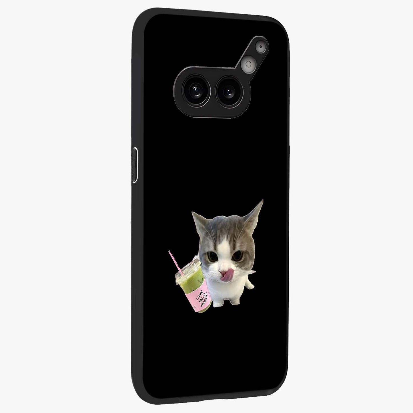 Matcha Cat Style Glass Case upright view showcasing charming cat artwork with cozy aesthetic theme.