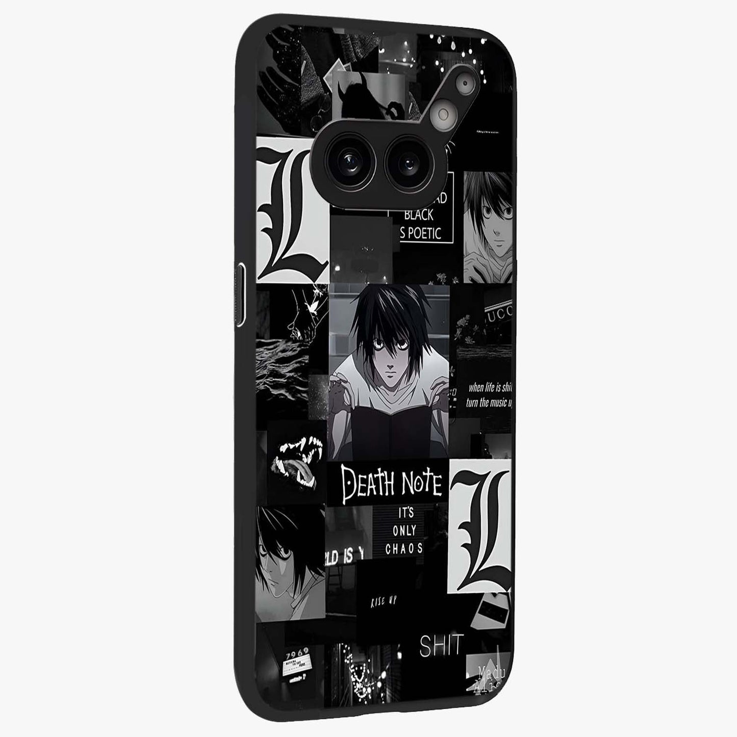 Midnight Chaos Mind Glass Case upright view showcasing expressive abstract artwork with bold dark theme.