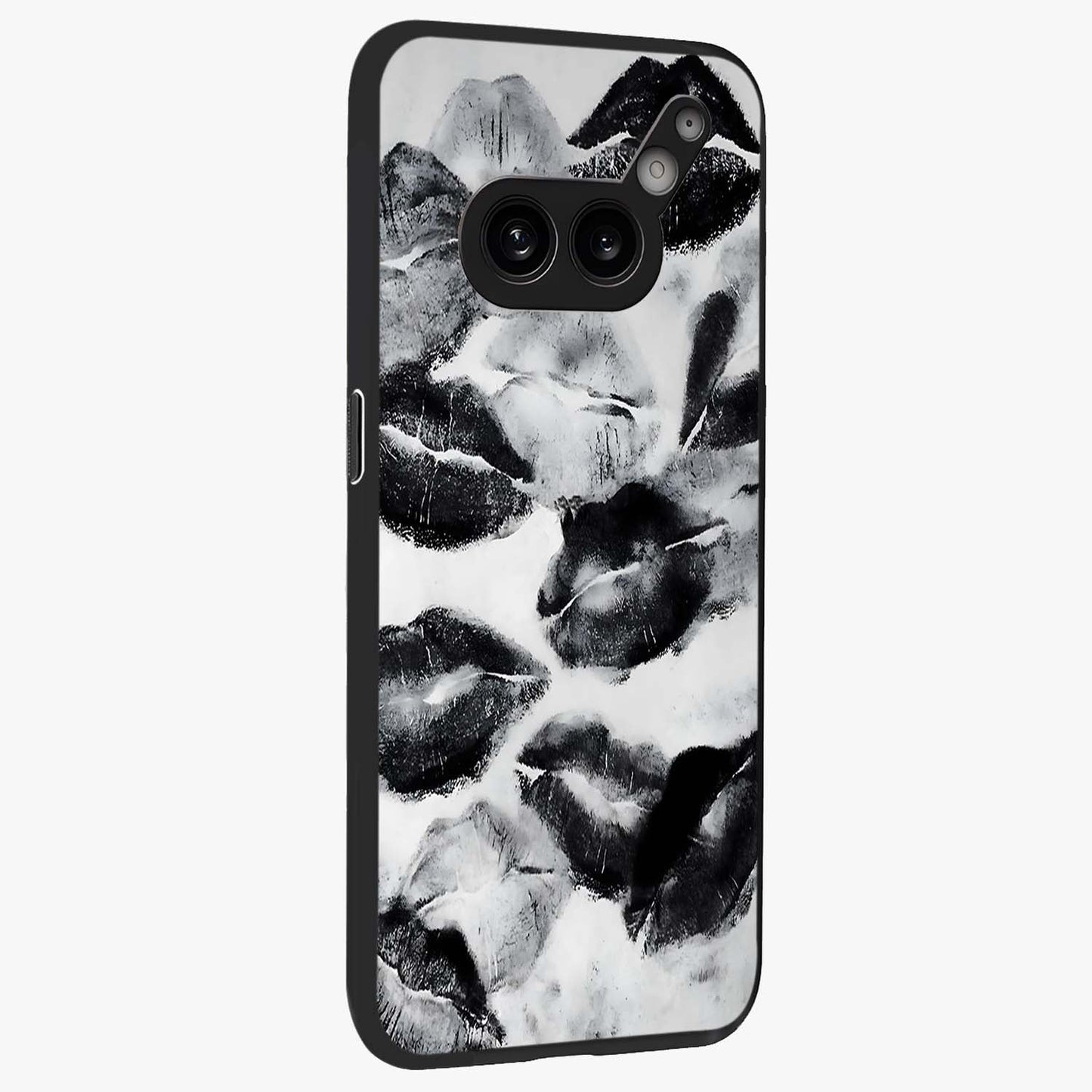 Midnight Kiss Marks Glass Case upright view showcasing stylish kiss mark artwork with trendy romantic theme.