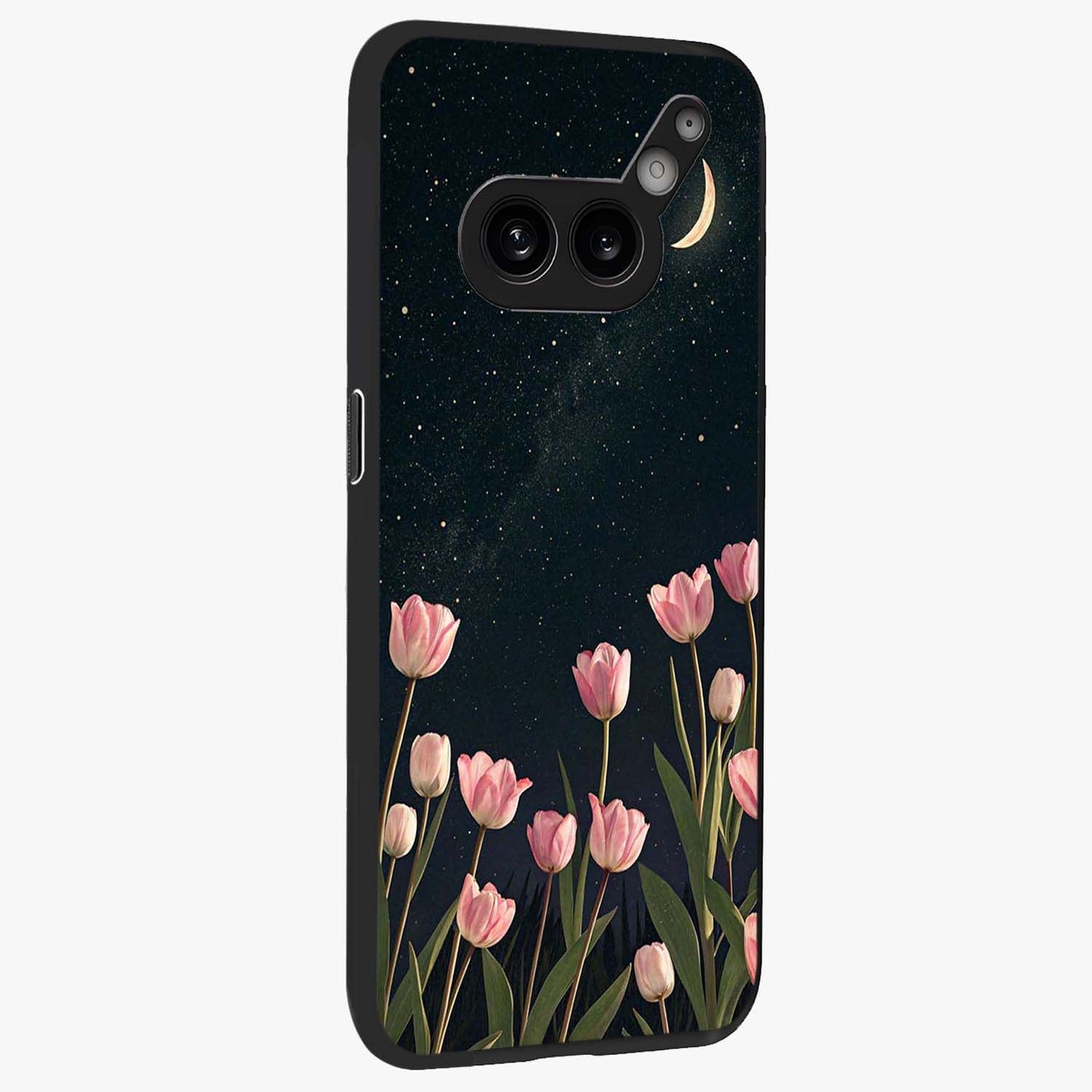 Midnight Tulip Whispers Vibe Glass Case upright view showcasing graceful tulip artwork with calm botanical theme.