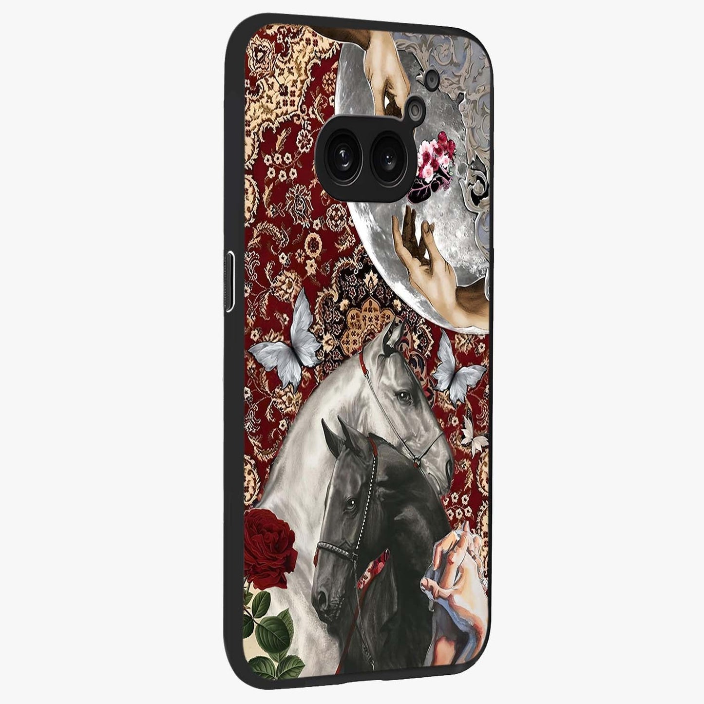 Moonlit Royal Stallion Glass Case upright view showcasing dramatic horse artwork with glowing moon themed design.