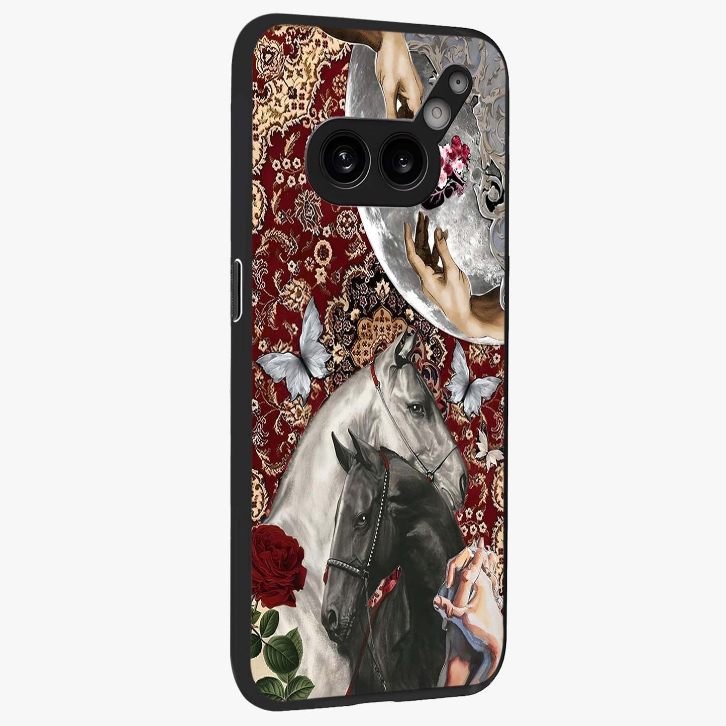 Moonlit Royal Stallion Glass Case upright view showcasing dramatic horse artwork with glowing moon themed design.