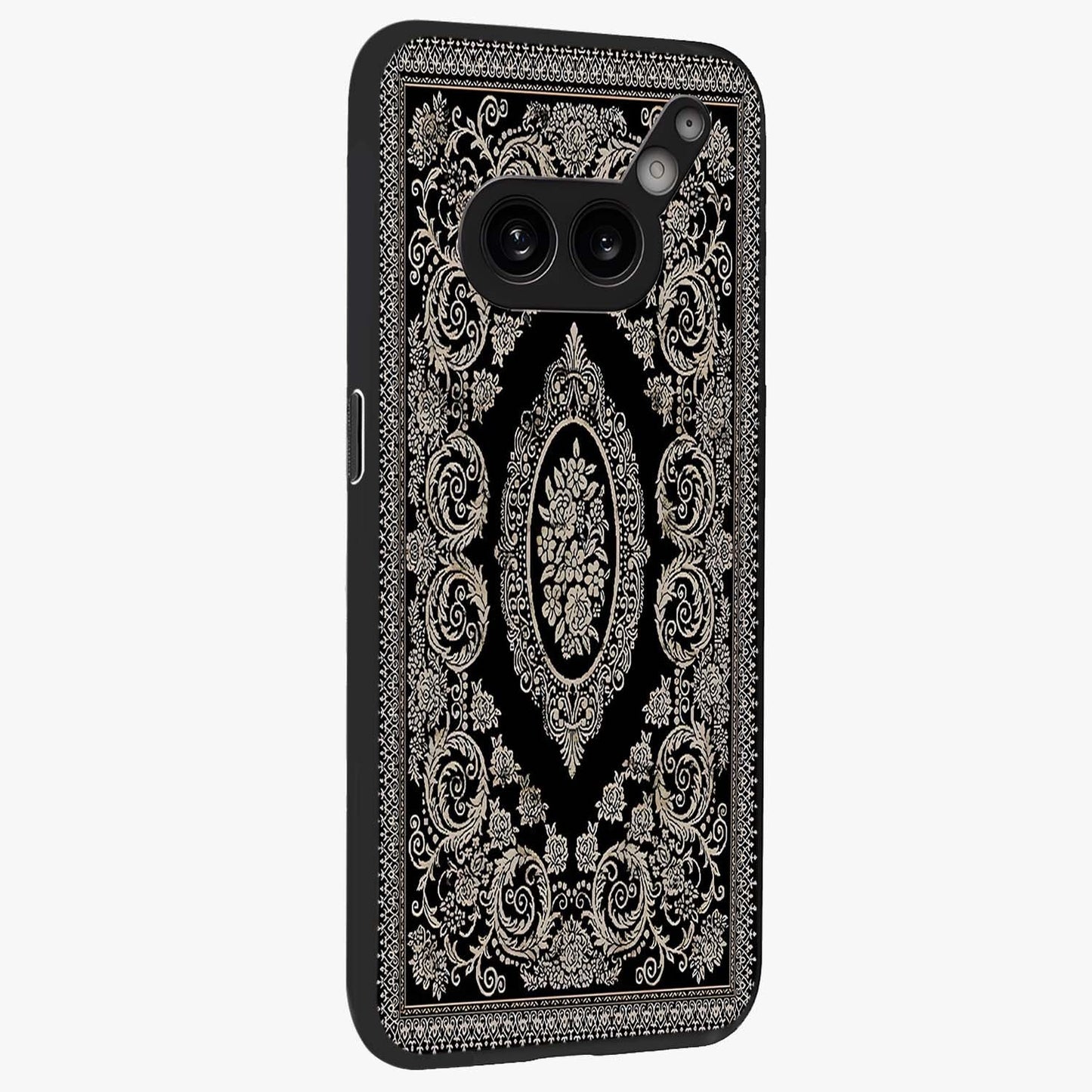 Noir Bloom Elegance Glass Case upright view showcasing graceful floral artwork with luxurious dark theme.