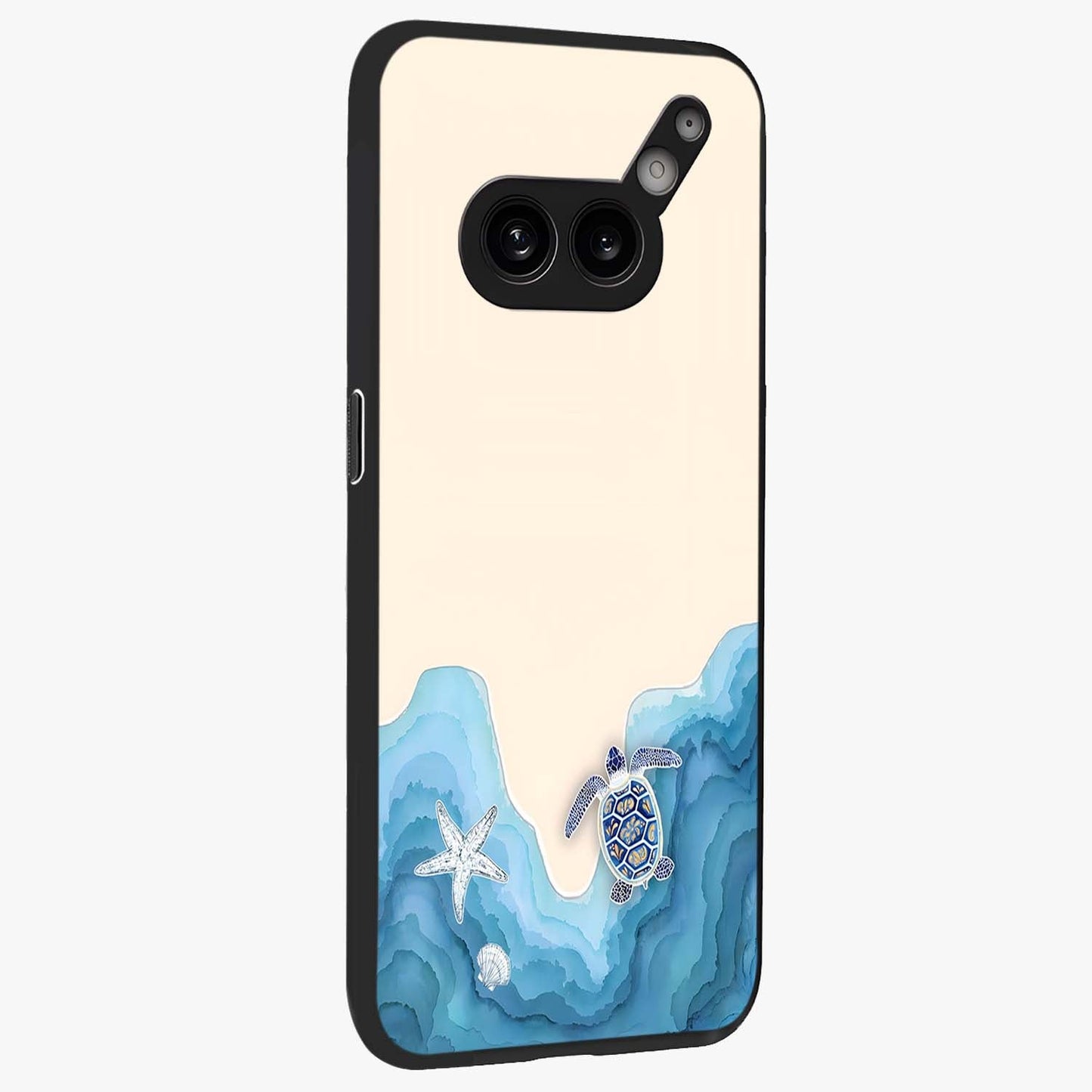 Ocean Drift Turtle Glass Case upright view showcasing calm underwater turtle artwork with nature inspired theme.