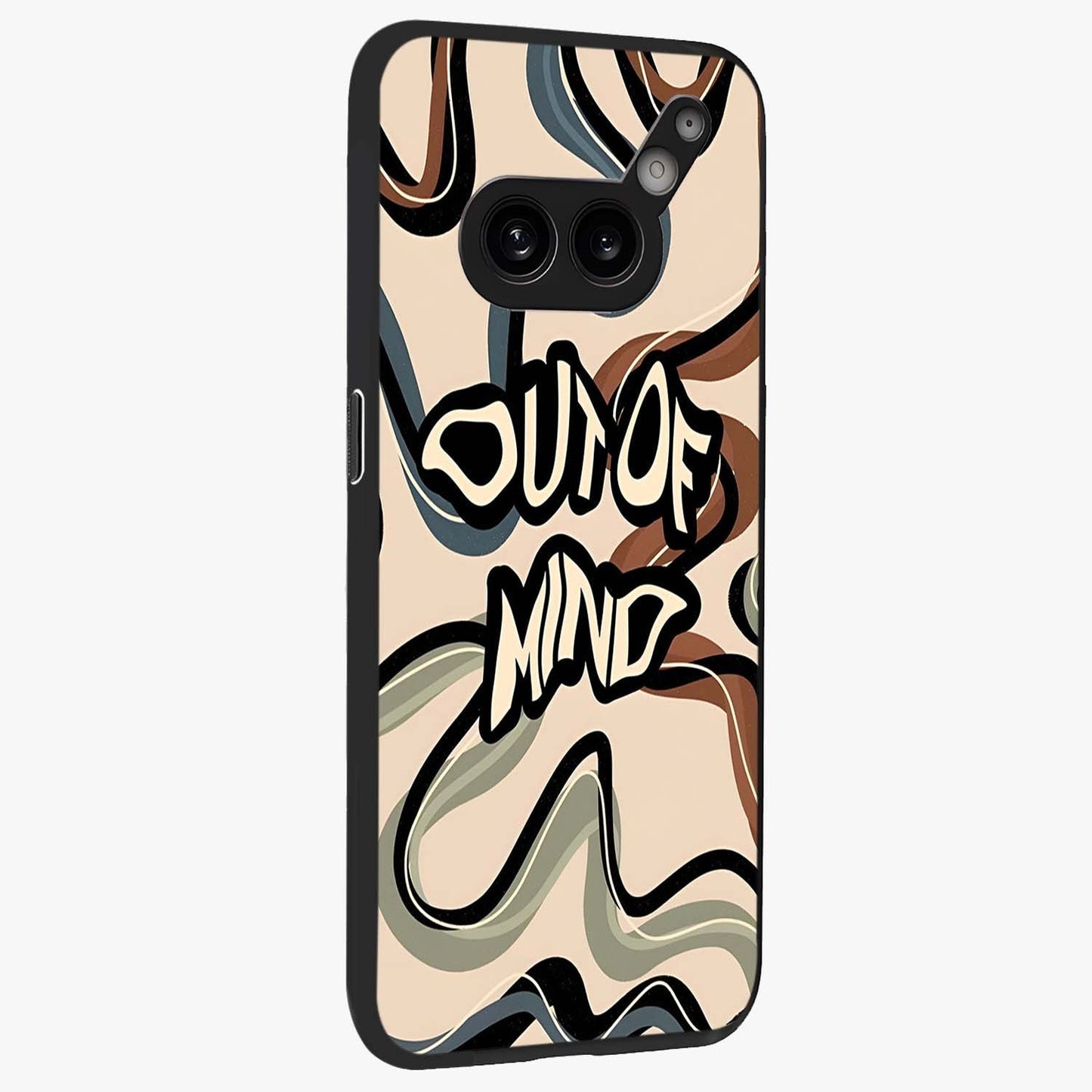 Out Of Mind Glass Case upright view showcasing striking typography artwork with edgy conceptual theme.