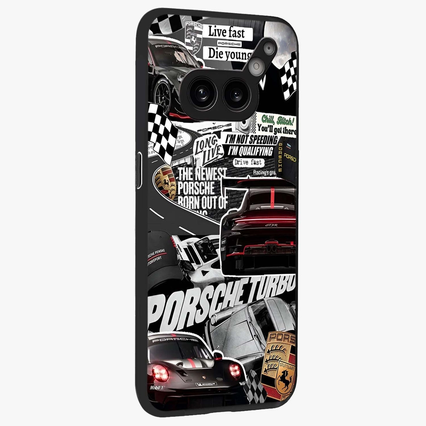 Porsche Racing Collage Glass Case upright view showcasing energetic car collage artwork with high speed racing theme.