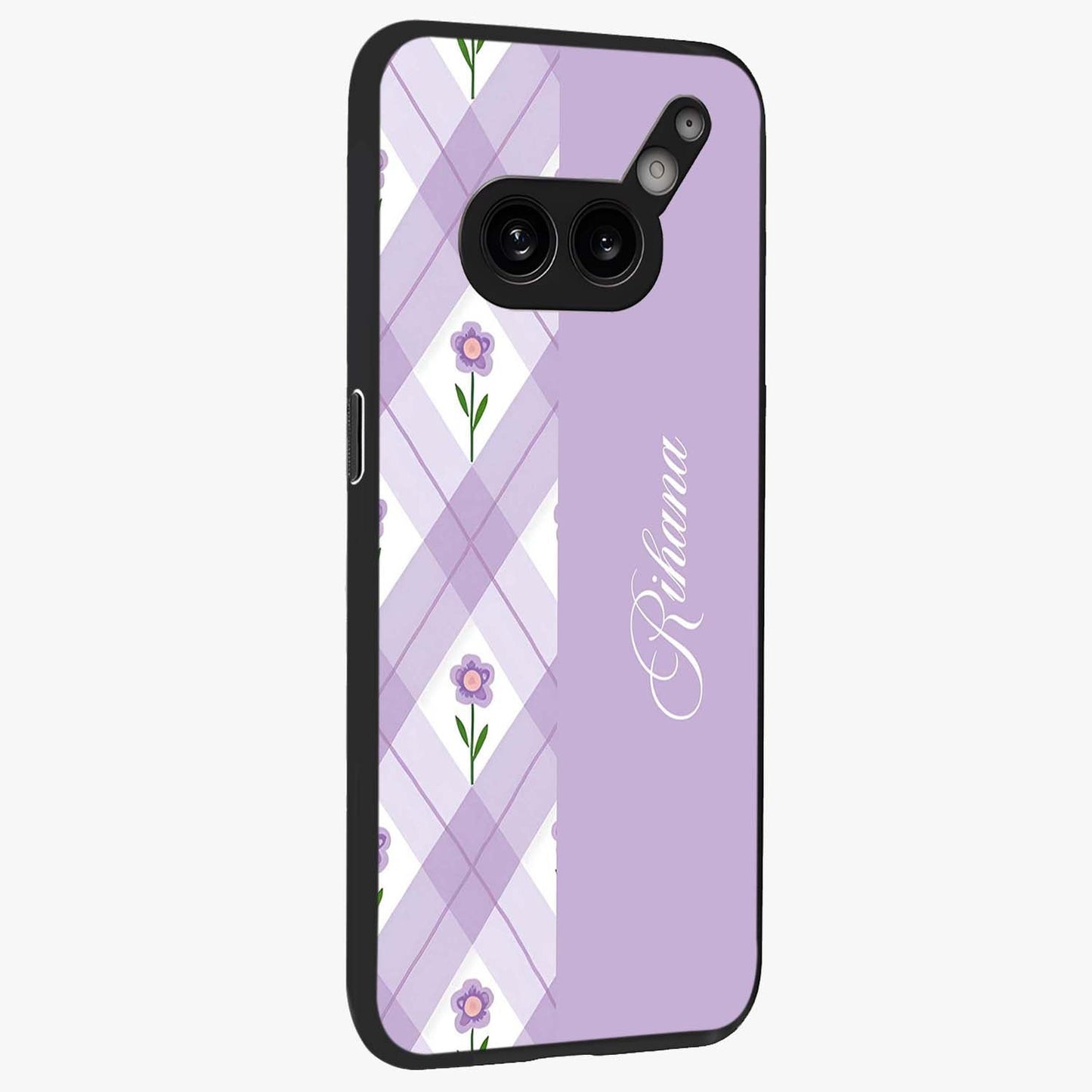 Purple Diamond Floral Glass Case upright view showcasing vibrant floral artwork with stylish geometric theme.