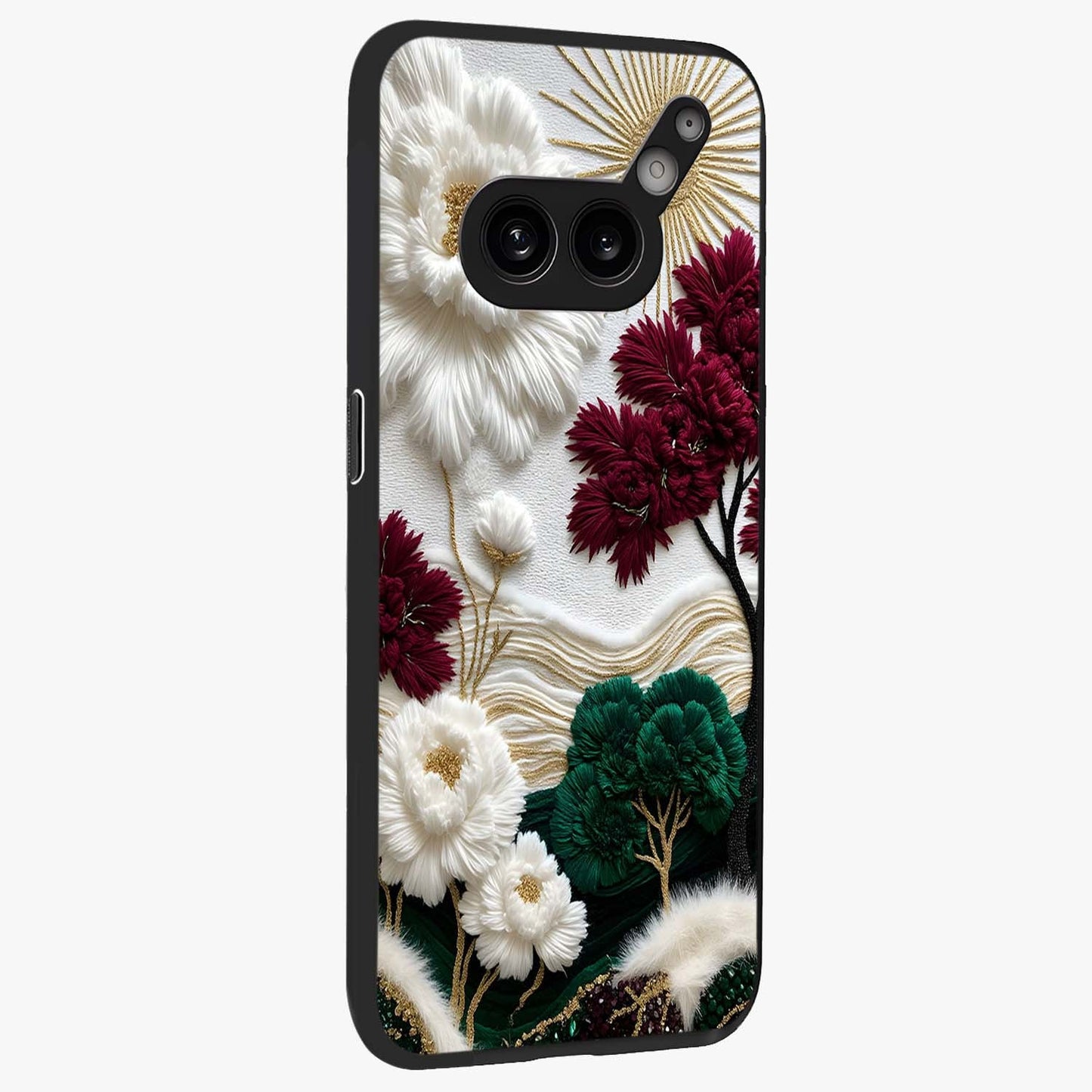 Radiant Bloom Elegance Glass Case upright view showcasing decorative flower artwork with refined botanical theme.