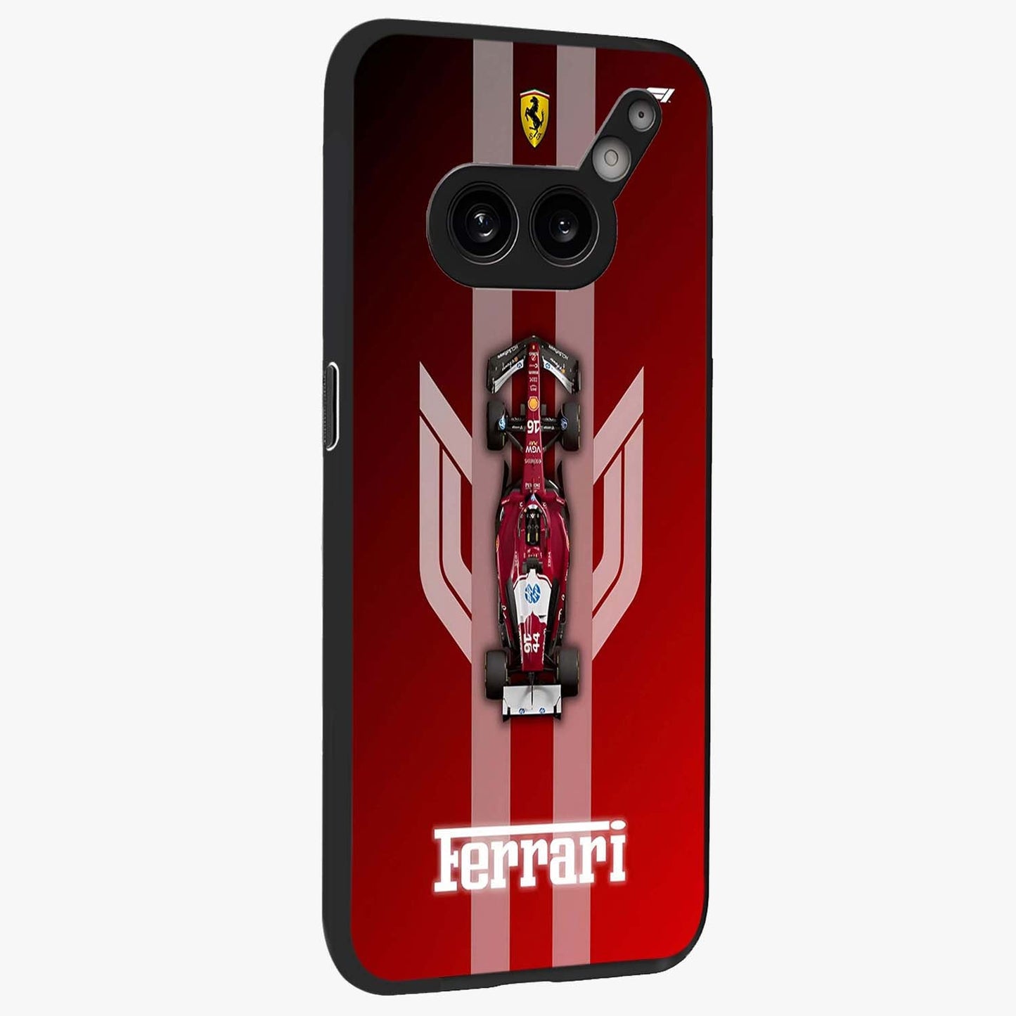 Red Ferrari F1 Vertical Glass Case upright view showcasing powerful Formula car artwork with dynamic motorsport theme.
