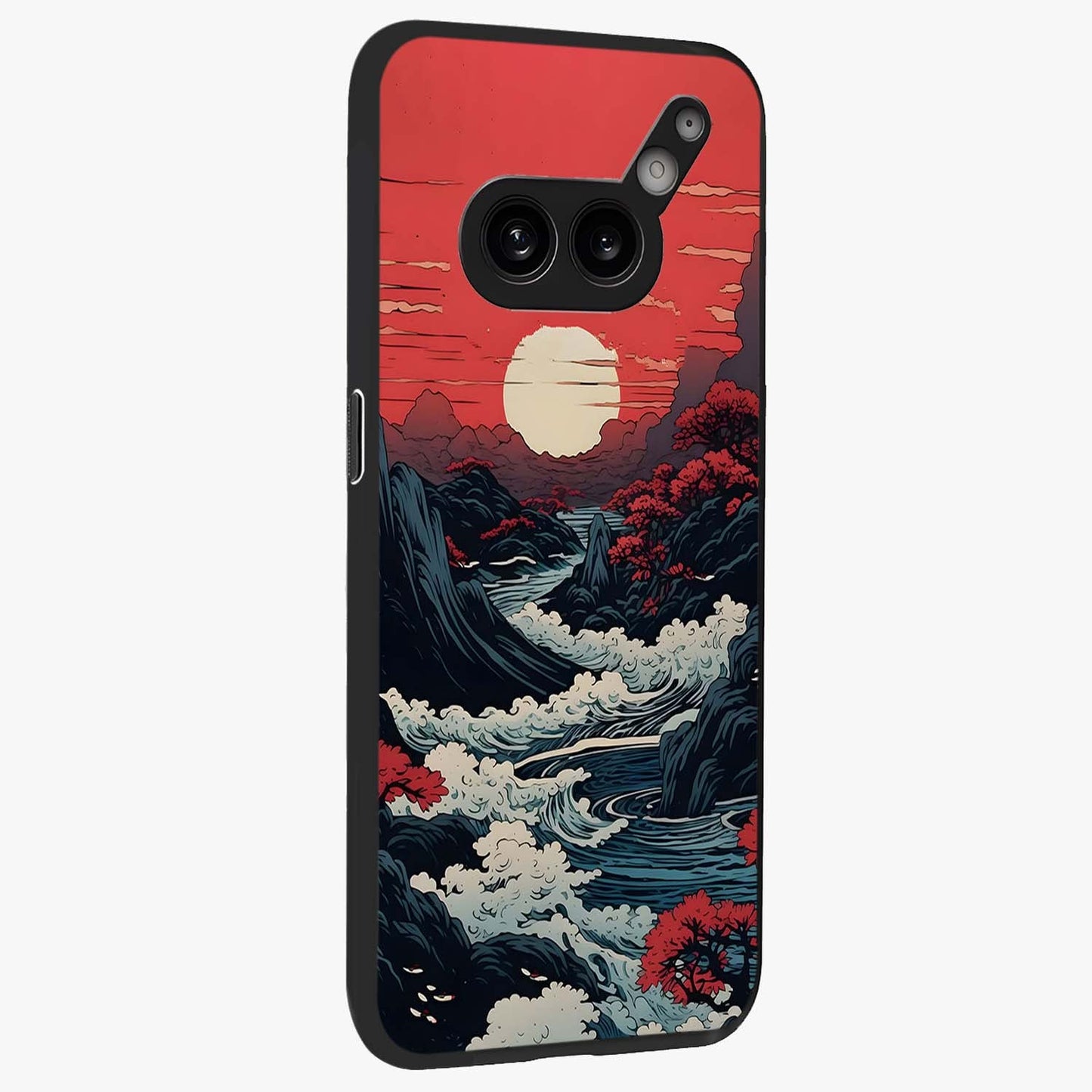 Red Sunset Scenery Glass Case upright view showcasing dramatic sunset scenery artwork with warm nature theme.