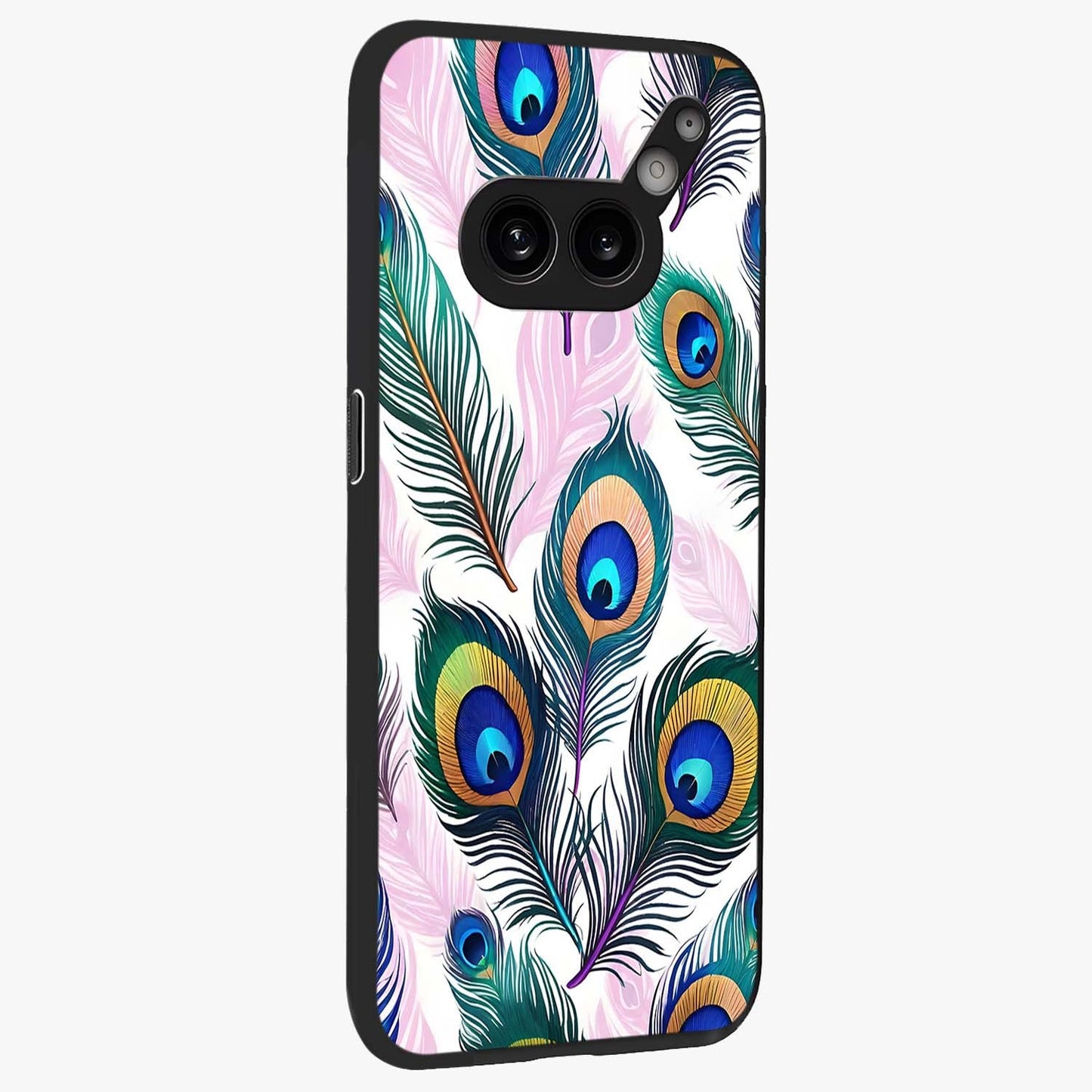 Royal Peacock Feathers Glass Case upright view showcasing elegant peacock feather artwork with decorative royal theme.