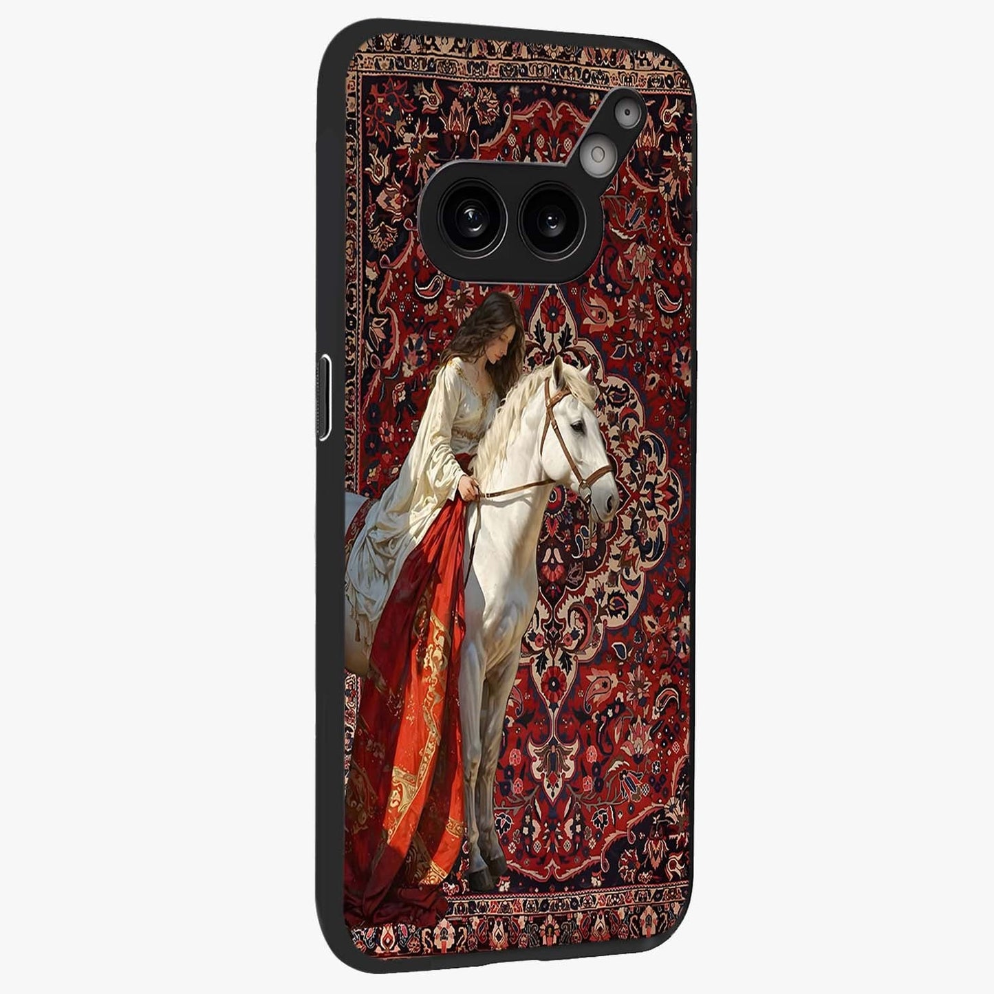 Royal Rider Tapestry Glass Case upright view showcasing detailed rider artwork with classic tapestry theme.