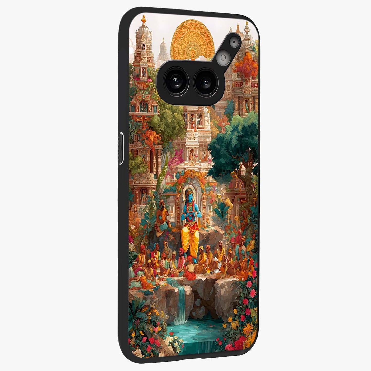 Sacred Sunlight Gods Glass Case upright view showcasing glowing divine artwork with sacred mythological theme.