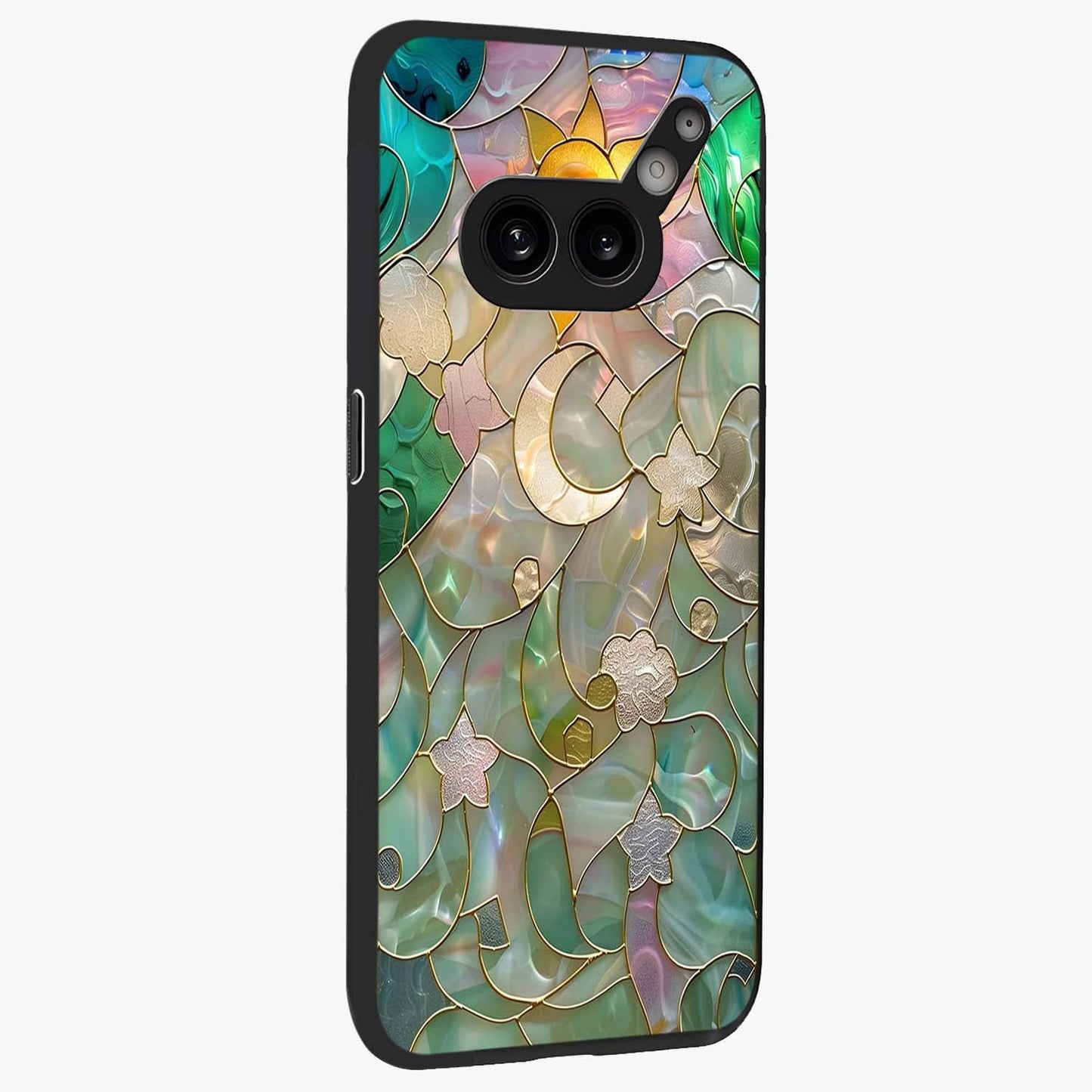 Stained Sunrise Glow Glass Case upright view showcasing colorful sunrise artwork with warm morning theme.
